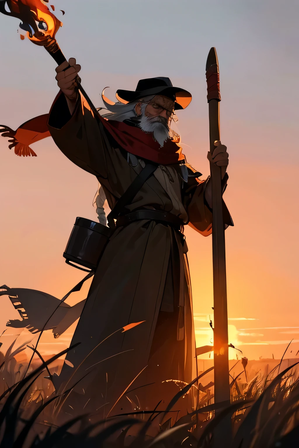 Old man, viking clothes, worn down clothes, unkempt hair, long beard. grass fields, hair covering side of face, black brimmed hat, sunset, red scarf, flaming torch, holding up torch, standing, flaming staff, Cappello romano, sunset
