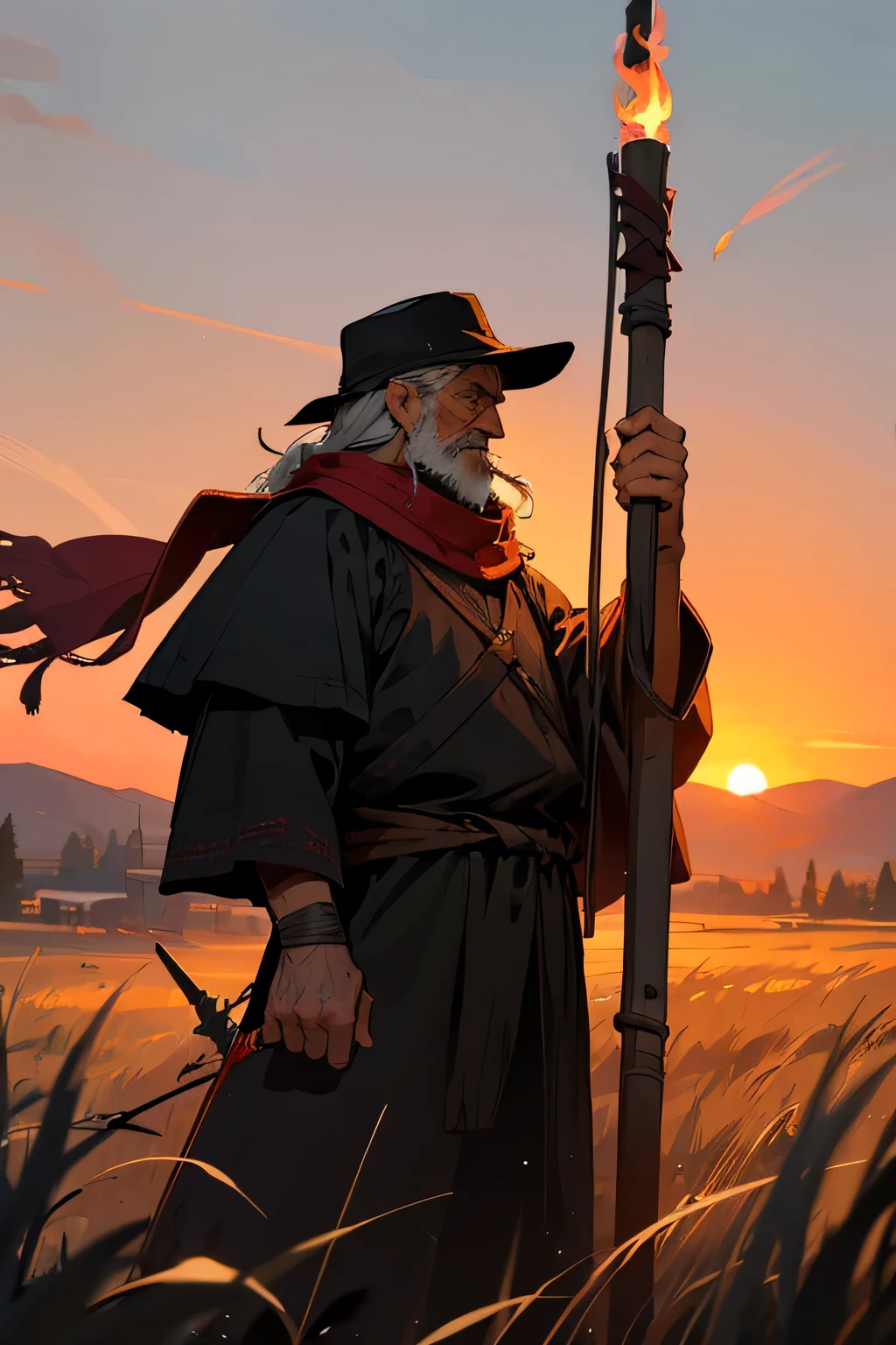 Old man, viking clothes, worn down clothes, unkempt hair, long beard. grass fields, hair covering side of face, black brimmed hat, sunset, red scarf, flaming torch, holding up torch, standing, flaming staff, Cappello romano, sunset