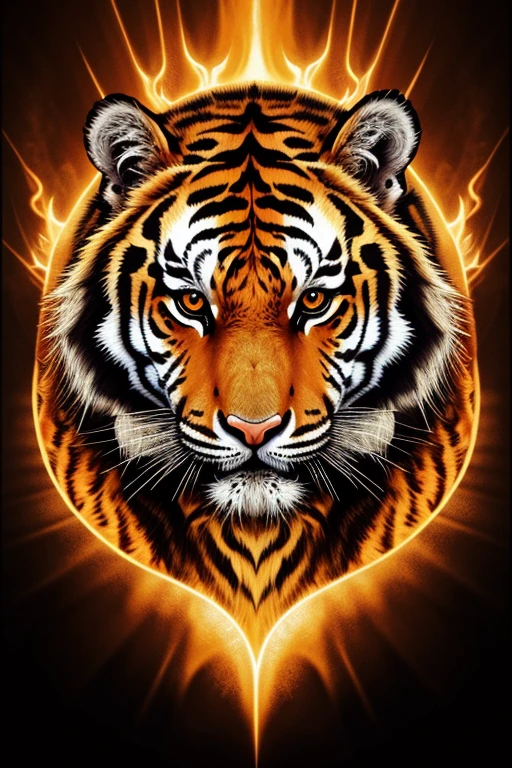 An ethereal illustration of a tiger, adorned with celestial patterns, amidst a fiery orange and yellow blaze.