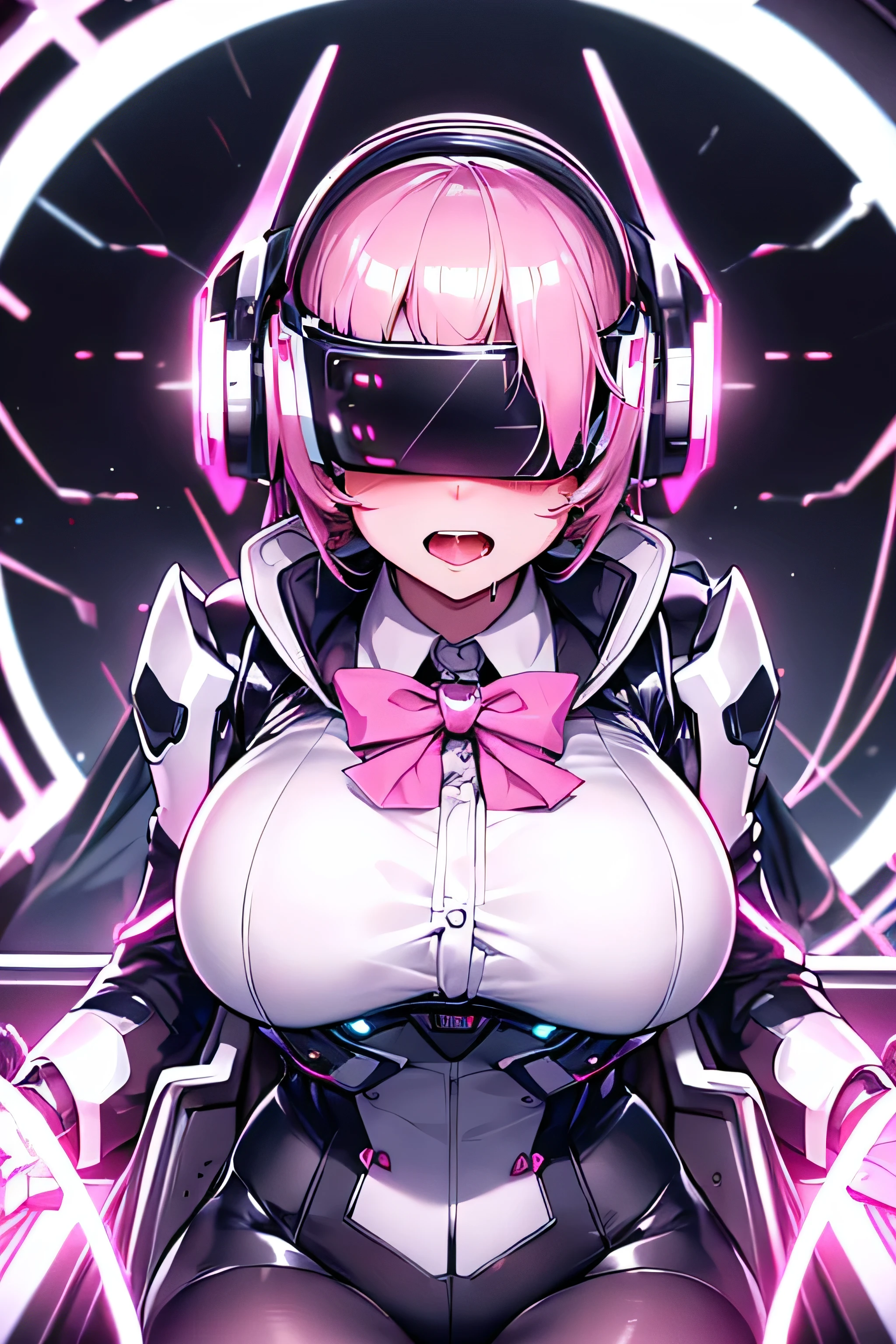 Anime cyborg girl sitting in a pilot seat wearing a virtual reality headset covering her eyes on her face with machinery and tubes and wires going inside her head and brain, (Best quality,highres:1.2), ultra-detailed, (realistic:1.3), cyberpunk, futuristic, portrait, shiny revealing latex outfit, cyber implants, virtual reality, drooling face, cables plugging into brain, shirt collar, bowtie, formal clothing, open mouth smile, facing viewer, girl is vibrating, glowing virtual reality headset, relaxed expression, blushing, cyber future formal wear, cyberpunk, futuristic, brain drain, cyber implants, virtual reality, drooling face, virtual reality headset covering eyes,  , big collar, high collar, open mouth smile, pleasured face expression, skin tight clothing, big shirt collar, big bowtie, biggest breasts in the world, light-emitting cable connected to brain, head antennas, oversized headphones, breasts are vibrating, open mouth drooling, blank expression, red face blush, cyborg, android, mechanical creature, mechanical torso, futuristic cyberpunk cyborg body, slim futuristic android, glowing lights on girls body, power cells, head is emitting pink light, formal shirt collar, big formal bowtie, , glowing nipples, big shirt collar, high collar, white collar, electrocution, girl being electrocuted, electricity, electricity sparks, pink hair, short hair, neon pink hair, body modification, orgasm, pleasure, (VR headset covering the eyes), vibrating breasts, vibrating girl, intense vibration, glowing nipples, lightbulb nipples, girl wearing large VR headset, glowing eyes, blank eyes, focused face expression, buttoned up white dress shirt, formal shirt with huge collar