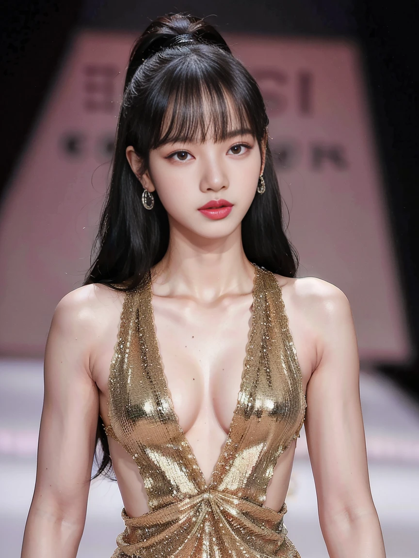 (8k, highest quality, ultra detailed:1.37), (Hana), 18yo, (a South Korean fashion model), struts confidently on the runway during a prestigious fashion week event. Naked, nude, shiny nipple, show armpit, Hana's elegance and poise captivate the audience. The high-resolution image captures ultra-detailed realism, highlighting Hana's captivating eyes, flawless complexion, and fashionable hairstyle. The glamorous runway and stylish set design add to the visual appeal, creating a visually stunning representation of Hana's success in the fashion industry, no clothes, naked fashion