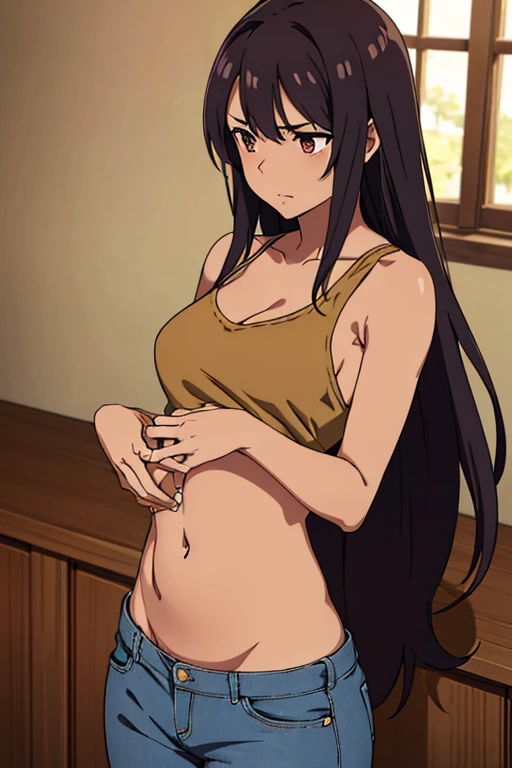 ((best quality)), ((masterpiece)), (detailed), perfect face, brown skin anime girl in a deep V Neck backless cami Top, (jeans trousers), famished in hunger, (gently resting hands on stomach), (long hair), (hands on her stomach)