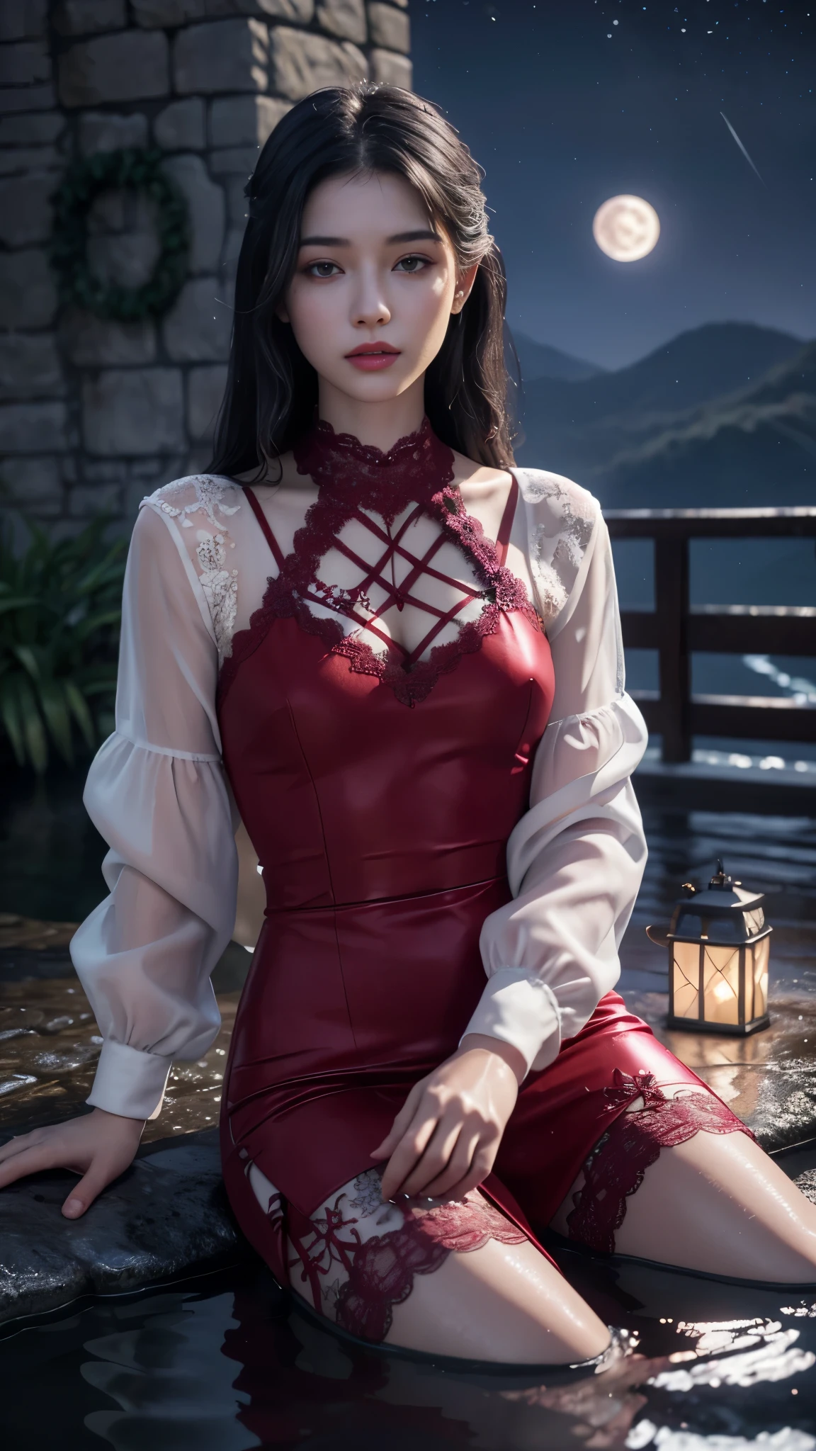 8K, ultra hd, masterpiece, 1 girl, ((18 years old girl)), good face, very long hair, detailed eyes, detailed lips, small breasts, wet clothing, red clothing, ((criss-cross lace)), sardine, ornament, jewellery, antique jewellery, loops, straps, dim lighting, epic scenery, ((night scenery:1.5)), ((Realistic moon)), cherry blossom, beautiful, rain, flowers, butterfly, water reflection, RTX 4090, (unreal engine 5), ray tracing, bloom effect, front body, sitting,