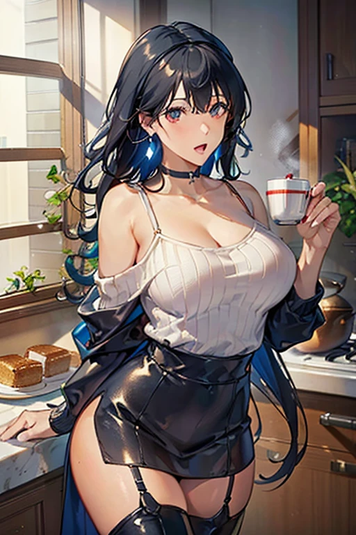 masterpiece, yor, 1girl, Amazing Cleavage:1.3, thin waist, big ass, Raised sexy, medium breast: 1.3 posed cleavage:1.2、solo, looking at viewer, open mouth, have a cup of coffee,black hair, red eyes, dress, bare shoulders, jewelry, collarbone, sidelocks, hairband, earrings, indoors, off shoulder, :o, sweater, arms behind back, plant, short hair with long locks, white hairband, off-shoulder dress, sweater dress, off-shoulder sweater, red sweater, big side hair, very long side hair,is rendered in (masterpiece: 1.2, best quality), with (ultra high resolution) and an exquisite (depth of field). This masterpiece is not only visually stunning but also tells, make of cooking some cakes ,in the kitchen,open mouth smile((leather thigh high boots))(garter belt),((black hair)),blush、surprised face,
