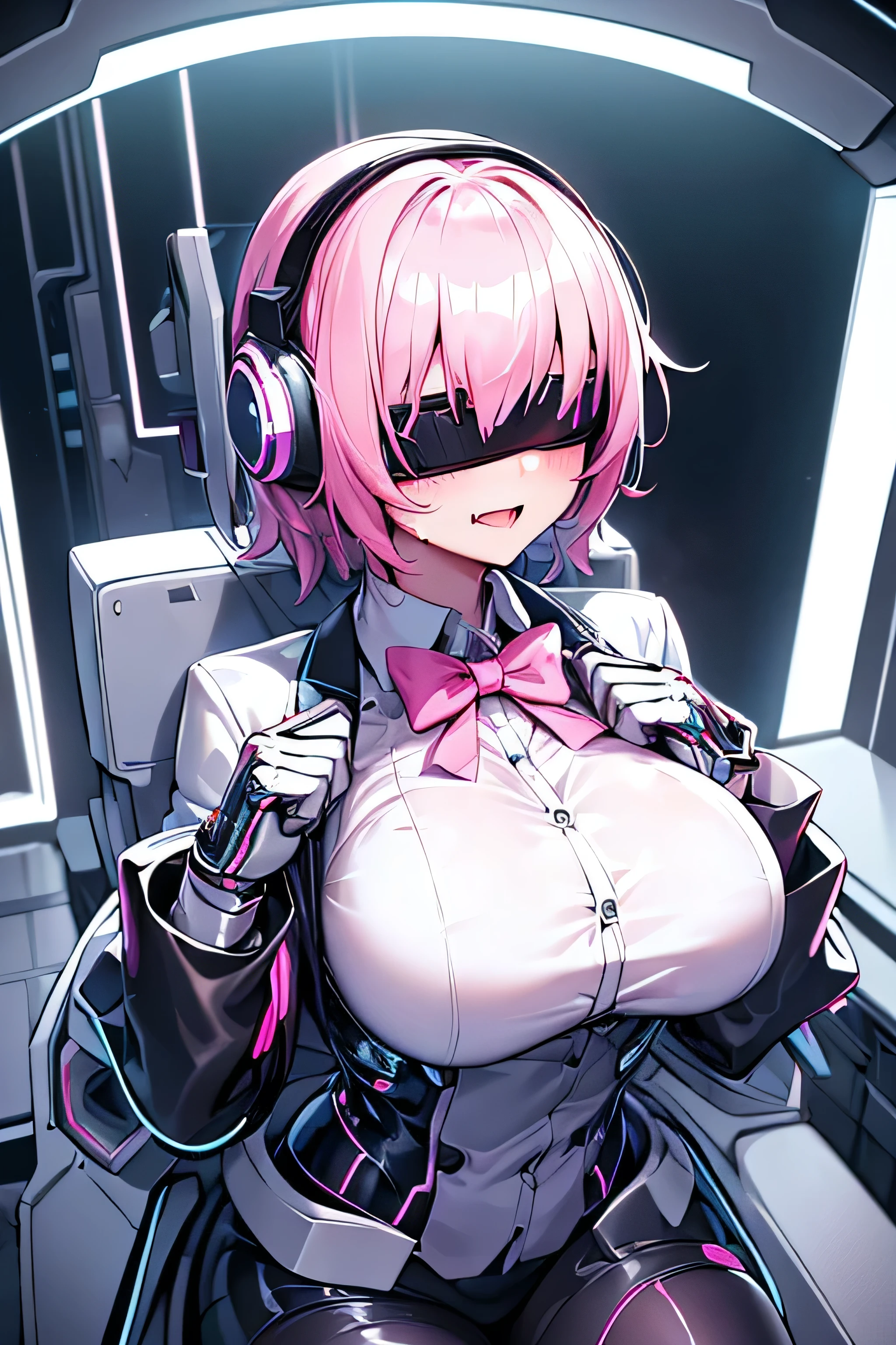 Anime cyborg girl sitting in a pilot seat wearing a virtual reality headset covering her eyes on her face with machinery and tubes and wires going inside her head and brain, (Best quality,highres:1.2), ultra-detailed, (realistic:1.3), cyberpunk, futuristic, portrait, shiny revealing latex outfit, cyber implants, virtual reality, drooling face, cables plugging into brain, shirt collar, bowtie, formal clothing, open mouth smile, facing viewer, girl is vibrating, glowing virtual reality headset, relaxed expression, blushing, cyber future formal wear, cyberpunk, futuristic, brain drain, cyber implants, virtual reality, drooling face, virtual reality headset covering eyes,  , big collar, high collar, open mouth smile, pleasured face expression, skin tight clothing, big shirt collar, big bowtie, biggest breasts in the world, light-emitting cable connected to brain, head antennas, oversized headphones, breasts are vibrating, open mouth drooling, blank expression, red face blush, cyborg, android, mechanical creature, mechanical torso, futuristic cyberpunk cyborg body, slim futuristic android, glowing lights on girls body, power cells, head is emitting pink light, formal shirt collar, big formal bowtie, , glowing nipples, big shirt collar, high collar, white collar, electrocution, girl being electrocuted, electricity, electricity sparks, pink hair, short hair, neon pink hair, body modification, orgasm, pleasure, (VR headset covering the eyes), vibrating breasts, vibrating girl, intense vibration, glowing nipples, lightbulb nipples, girl wearing large VR headset, glowing eyes, blank eyes, focused face expression, buttoned up white dress shirt, formal shirt with huge collar