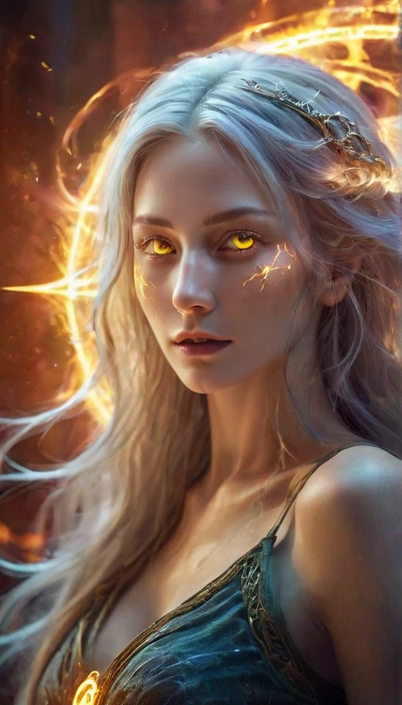 1 girl,adult (elven:0.7) woman,freckles,yellow eyes,gray long hair,
solo,half shot,looking up,detailed background,detailed face,(glowing eyes:1.05),dilated pupils,summoner,unholy,intricate necromancer clothes,amulet,conjuring,movement,evil smile,ritual,pentagram,surrounded by dark  dark magical inscriptions,red swirling summoning energy,(style-swirlmagic:0.7),calling forth evil power,tower background,dark glowing aura,ethereal atmosphere,magic fire,magic array,magic fire,