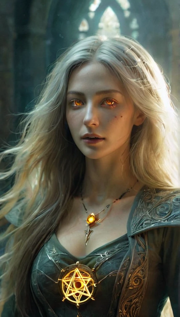 1 girl,adult (elven:0.7) woman,freckles,yellow eyes,gray long hair,
solo,half shot,looking up,detailed background,detailed face,(glowing eyes:1.05),dilated pupils,summoner,unholy,intricate necromancer clothes,amulet,conjuring,movement,evil smile,ritual,pentagram,surrounded by dark  dark magical inscriptions,red swirling summoning energy,(style-swirlmagic:0.7),calling forth evil power,tower background,dark glowing aura,ethereal atmosphere,magic fire,magic array,magic fire,