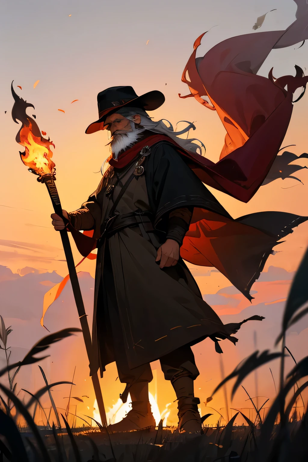 Old man, viking clothes, worn down clothes, unkempt hair, long beard. grass fields, hair covering side of face, black brimmed hat, sunset, red scarf, flaming torch, holding up torch, standing, flaming staff, Cappello romano, sunset, torch with raging fire
