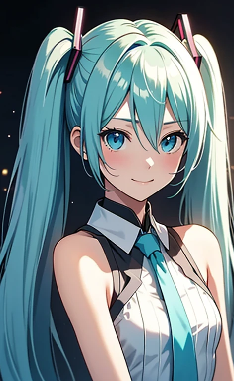 (masterpiece:1.4、top-quality、illustration:1.4,realistic、)、(character focus、breast focus,upper body:1.3)、(1girl),(clear face:1.3),(miku hatume),cute face,blue eyes、()、
,(stand:1.4),(Shining smile),
,(slender),(transistorpunk:1.3),
(fluorescence light green long hair:1.6,,),(twintails), (small breasts:1.3)、
、slender、hatsune_miku_bluearchive