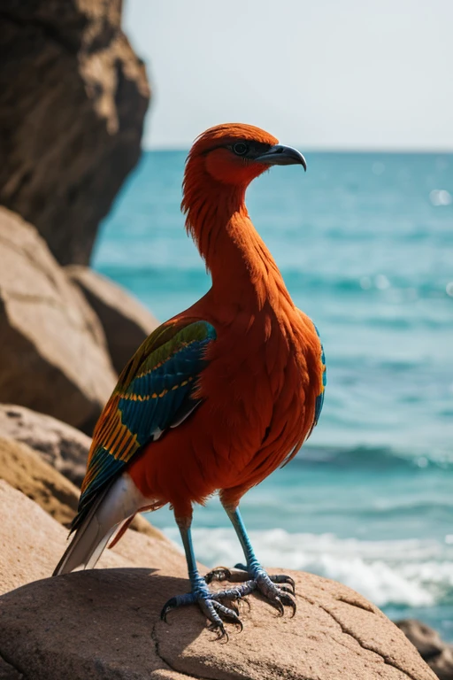 A colorful, detailed drawing of a bird-like creature, armed, standing on rocks, with a blurry, soft-focused background.