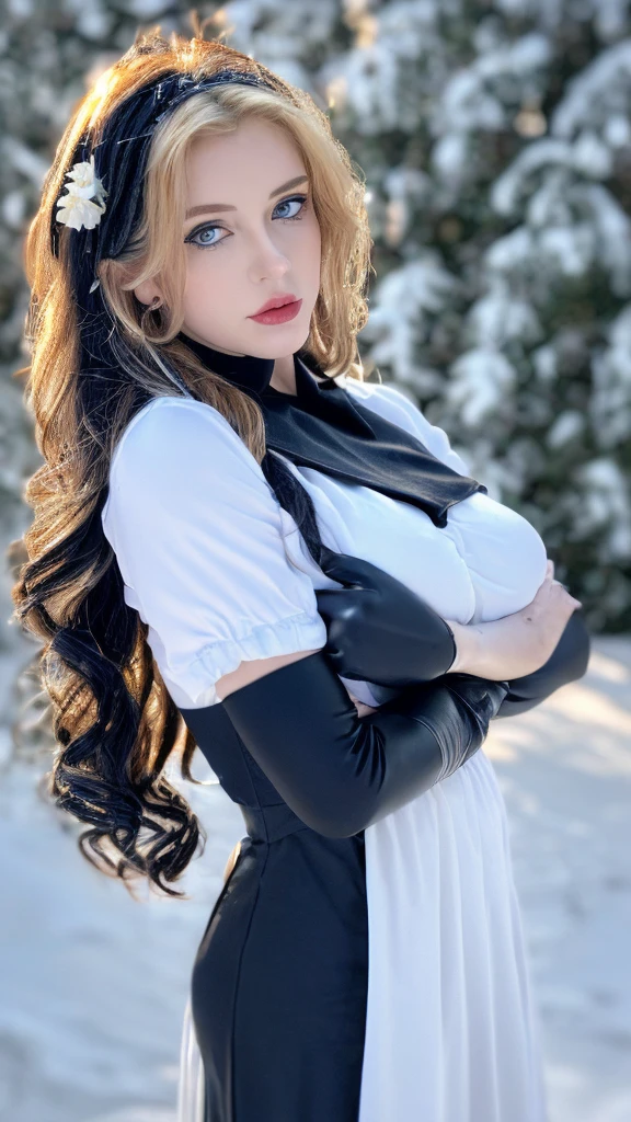 1 miniature Beautiful beautiful woman - Yuan Sayuki, ((top quality, 8K, Masterpiece:1.retty woman, 1 woman, huge breasts:1.3, a slim body:1.1, lush GINGER long hair with 2 buns, (shower, wet body, wet clothes:1.1), very detailed face, detailed lips, detailed eyes, double eyelids, Detailed blue eyes, чрезвычайно Detailed Outstanding Blue Eyes, long GINGER wet hair, GINGER wet hair, Detailed Outstanding Blue Eyes, innocent look at the viewer, very wet wavy white hair, Detailed Outstanding Blue Eyes, huge cross earrings, Outdoors, badges behind, gothic maid uniform,  sexy maid dress, bare chest, huge chest tattoo, detailed huge catholic cross earrings, chest tattoo, Outside, wear a silver cross (Detailed cross shape), reality mode, wet breasts, black necklace, human crowd behind, black latex gloves, hair of white snowy colour, night time, red neon lights, demonic nun, nimbus (golden lighting ring above her head), angel, snowy weather, sexy pose, white lingerie, black maid dress, detailed flower wreath made of different colours, open chest