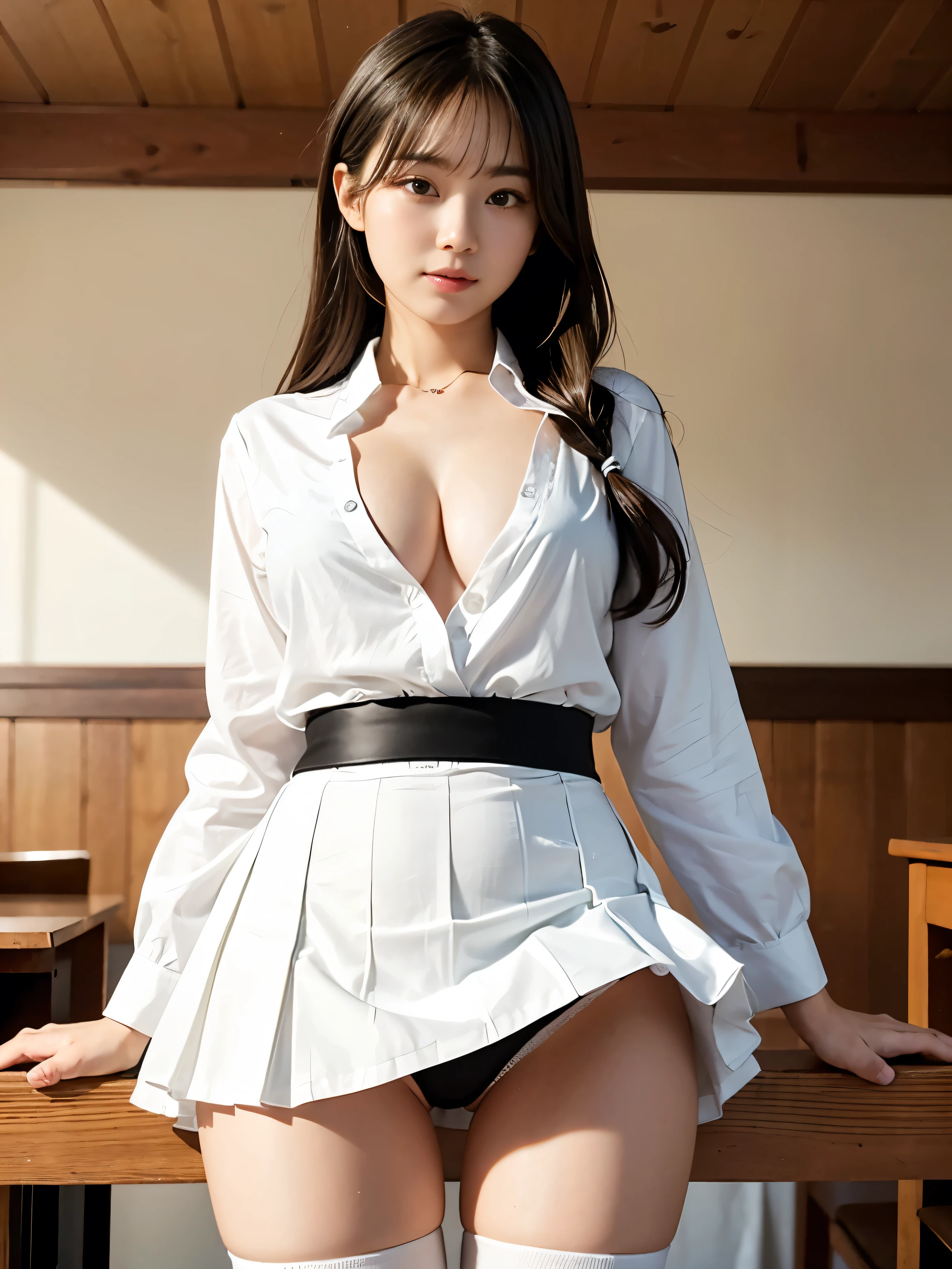 ultra highres,(reality: 1.4),highest quality, masterpiece, high detail, 16K quality, beautiful, 1 beautiful girl,japanese,super beautiful face,,japanese idol face,cute face,super detailed face,detailed hand,beautiful skin,oily skin,big eyes,profeccional lighting,medium hair,brown hair,black beautiful eyes, big smile,standing, (skirt lift),medium breasts,see through white shirt,ope button,cleavage,(checked skirt),white panties,(showing panties),cameltoe,black high socks,spread legs, she is looking at the camera,classroom,nsfw,from below,