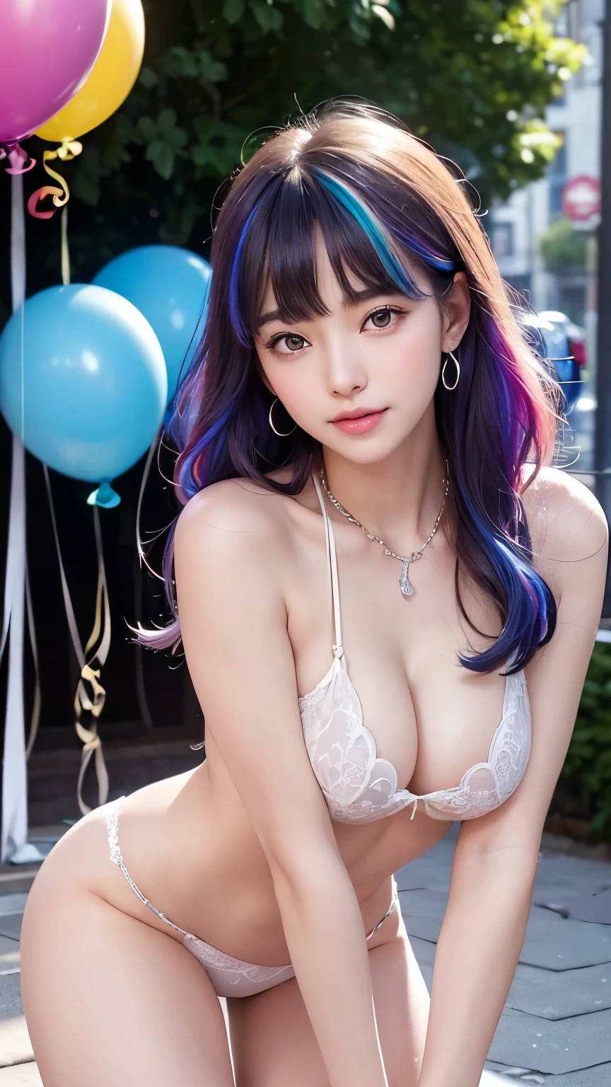 (8k, RAW Photos, highest quality, masterpiece: 1.2), Very detailed, Super Resolution, (Genuine, Genuine photos: 1.37), Portraiture, High-quality RAW color photos, Professional photos, Very detailedで美new, Very detailed, 8k wallpaper, Amazing details, Large file size, Official Art, Very detailed CG Unity 8k wallpaper, Very detailed beautiful girls, Very detailed facesHighly detailed eyes, Very fine skin, Very detailed fingers, Very small nose, Very detailed detailed mouth, Perfect Anatomy, Detailed Background, High Quality Clothing,20th Generation, cute girl, Genuineistic body, White skin, Glowing Skin, (Blunt bangs: 1.2), smile, cute, like々new, cute face, Genuineistic face, Delicate eyes, Sagging eyes, Earrings, necklace、Looking at the camera, Dynamic Lighting, G-cup ,Big Breic Sexy Pose 1.2)、(Haleavage )、(News)、(wh).(Thin legs)、(Vibrant, A quirky streetscape decorated with colorful balloons filling the sky)、The scene exudes a fairytale-like atmosphere with an abundance of balloons floating around,(Creates a captivating atmosphere reminiscent of a picture book)、Lots of colorful balloons,
(Rainbow Hair:1.2),(Rainbow Theme 1.1)
(Beautiful Landscape)、(Rainbowless)、(Fantastic landscape)
