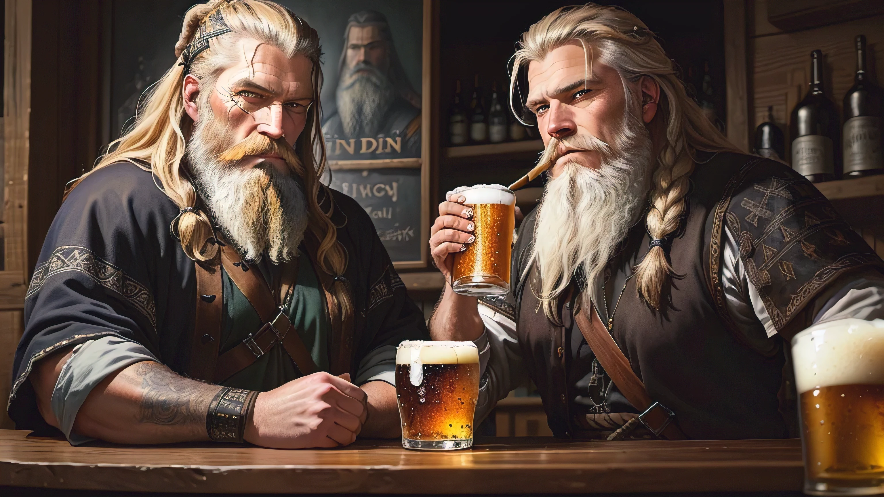 Oil painting of a man with a beard and sitting at a Bar, drinking beer. painted portrait of rugged odin, portrait of a viking, viking style,  viking culture, viking shaman, by Ásgrím Jónsson