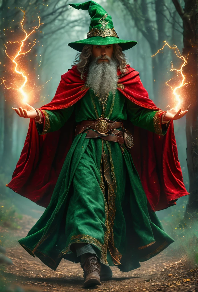 super realistic image, high quality uhd 8K, of 3 young man with different hair color, detailed realistic ((slim body, high detailed)), ((tall model)), high detailed realistic skin, ((fantasy wizard's tunic with Red long skirt and intricate details, several belts at the waist)), ((green wizard's magic cape, mysterious atmosphere)) ((wizard's peaked hat)) ((casting magic lightning spells)), real vivid colors, standing