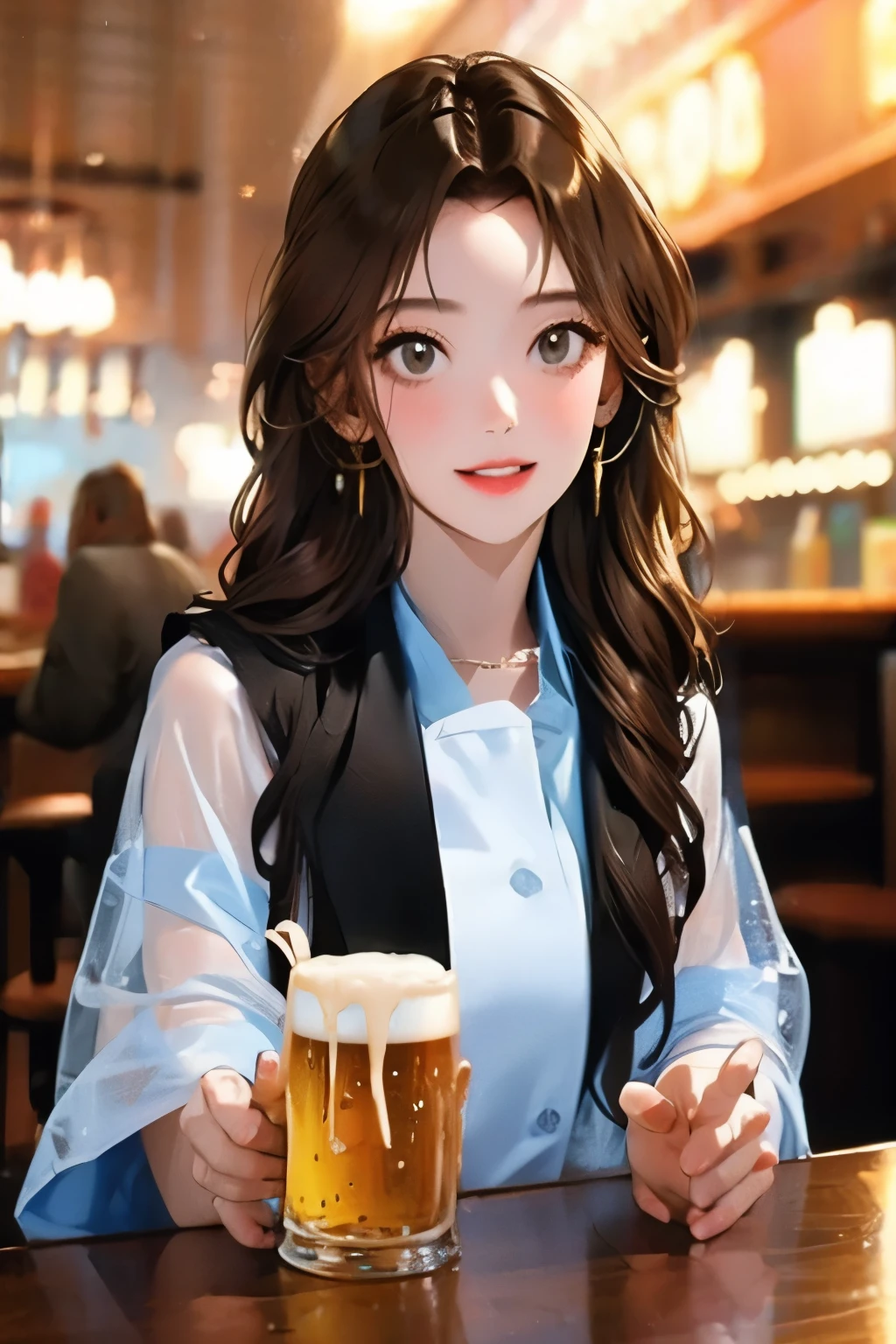 Bar girl drinking beer