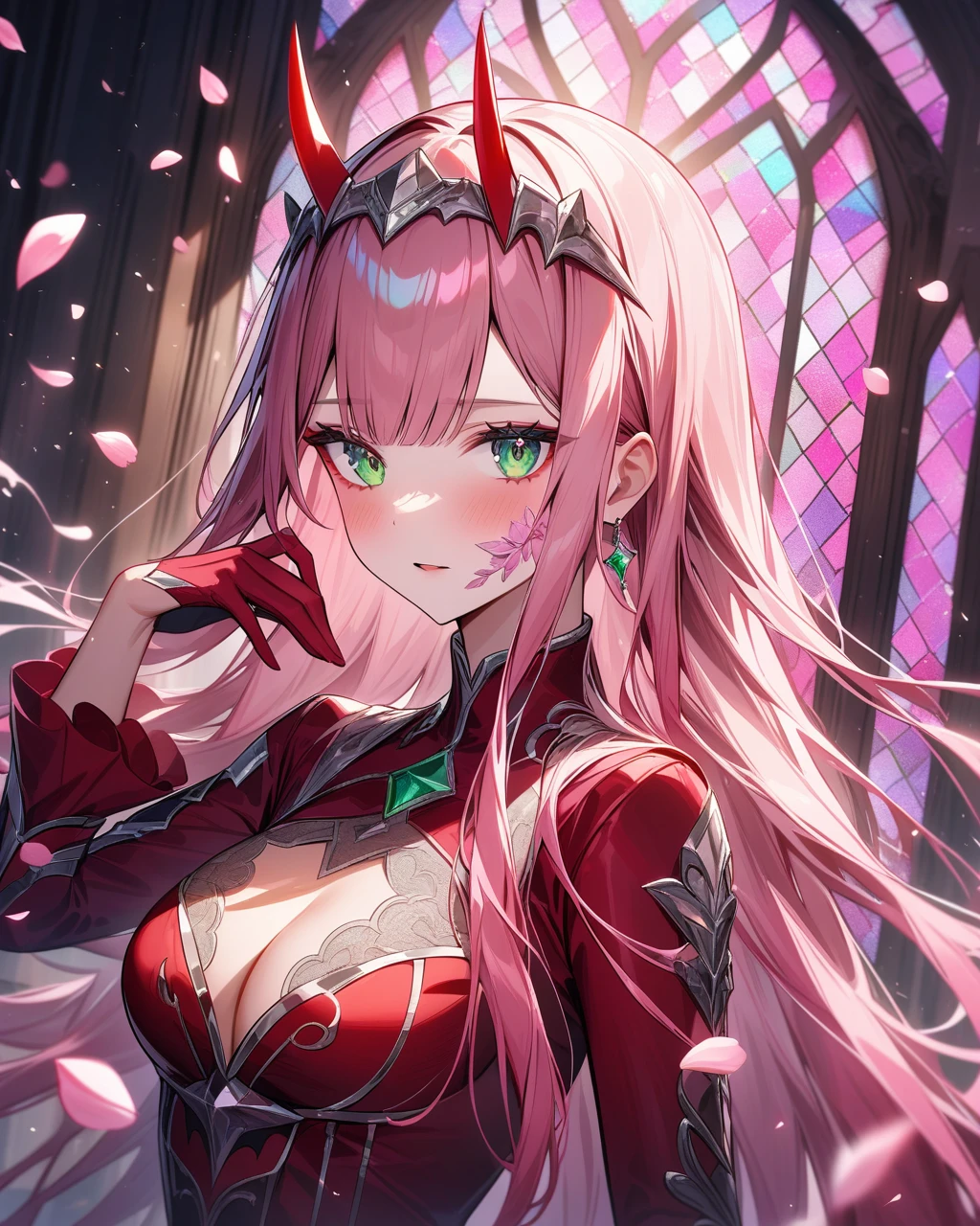 Ultra detailed, HDR, Highres, absurdres, master piece, zerotwo, expressive green eyes, red clothes, red gloves, patterns, pink stained glass, pink ice, petals, pink ice flowers, sexy woman, solo, extremely detailed face and eyes, extremely beautiful, glittering, pink glass,