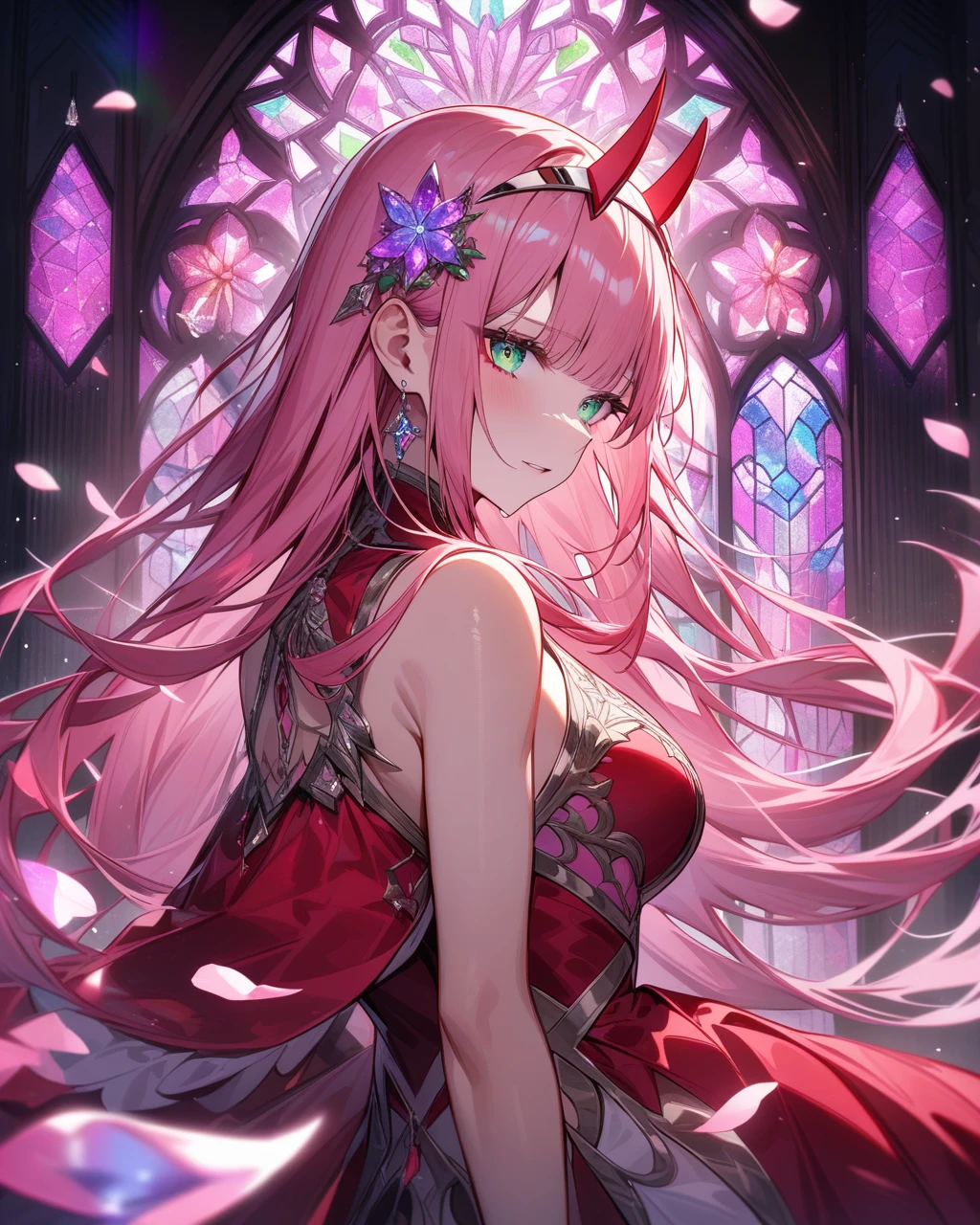 Ultra detailed, HDR, Highres, absurdres, master piece, zerotwo, expressive green eyes, red clothes, red gloves, patterns, pink stained glass, pink ice, petals, pink ice flowers, sexy woman, solo, extremely detailed face and eyes, extremely beautiful, glittering, pink glass,