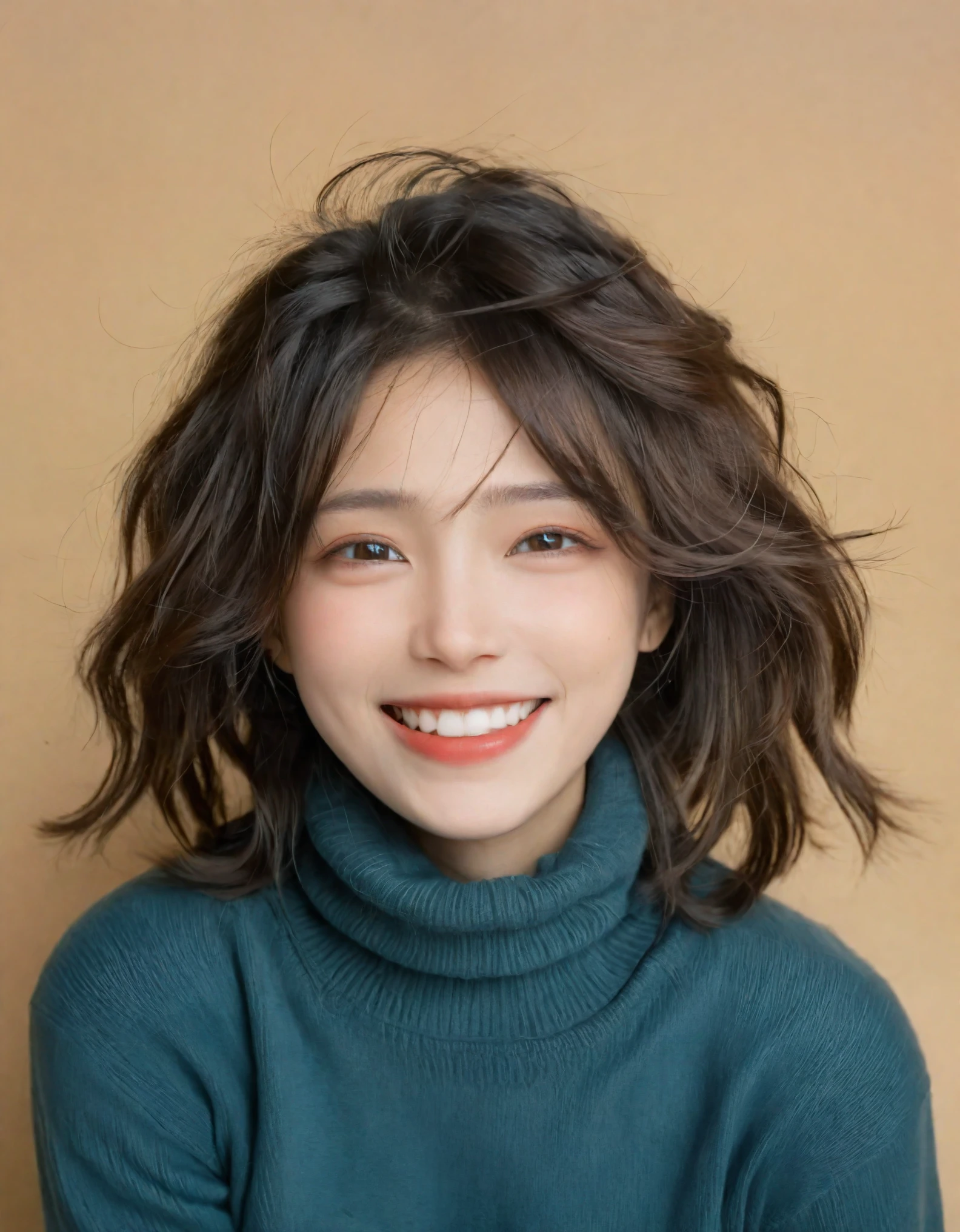 The image depicts a joyful young girl in mid-motion, her hair wildly tousled by her movements. Her eyes are squinted in a gleeful expression, exuding energy and vitality. She is wearing a solid-colored turtleneck, set against a neutral, warm brown backdrop. Dynamic lighting accentuates her facial features, with a sharp focus on the subject and a freeze-frame effect that captures the spontaneity and vibrancy of youth. Soft shadows add depth to the scene, and the expertly balanced contrast highlights the details. This image embodies youthful carefreeness and delight.