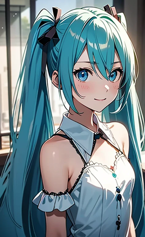 (masterpiece:1.4、top-quality、illustration:1.4,realistic、)、(character focus、breast focus,upper body:1.3)、(1girl),(clear face:1.3),(miku hatume),cute face,blue eyes、()、
,(stand:1.4),(Shining smile),
,(slender),(gothic:1.3),
(fluorescence light green long hair:1.6,,),(twintails), (small :1.3)、
、slender、hatsune_miku_bluearchive