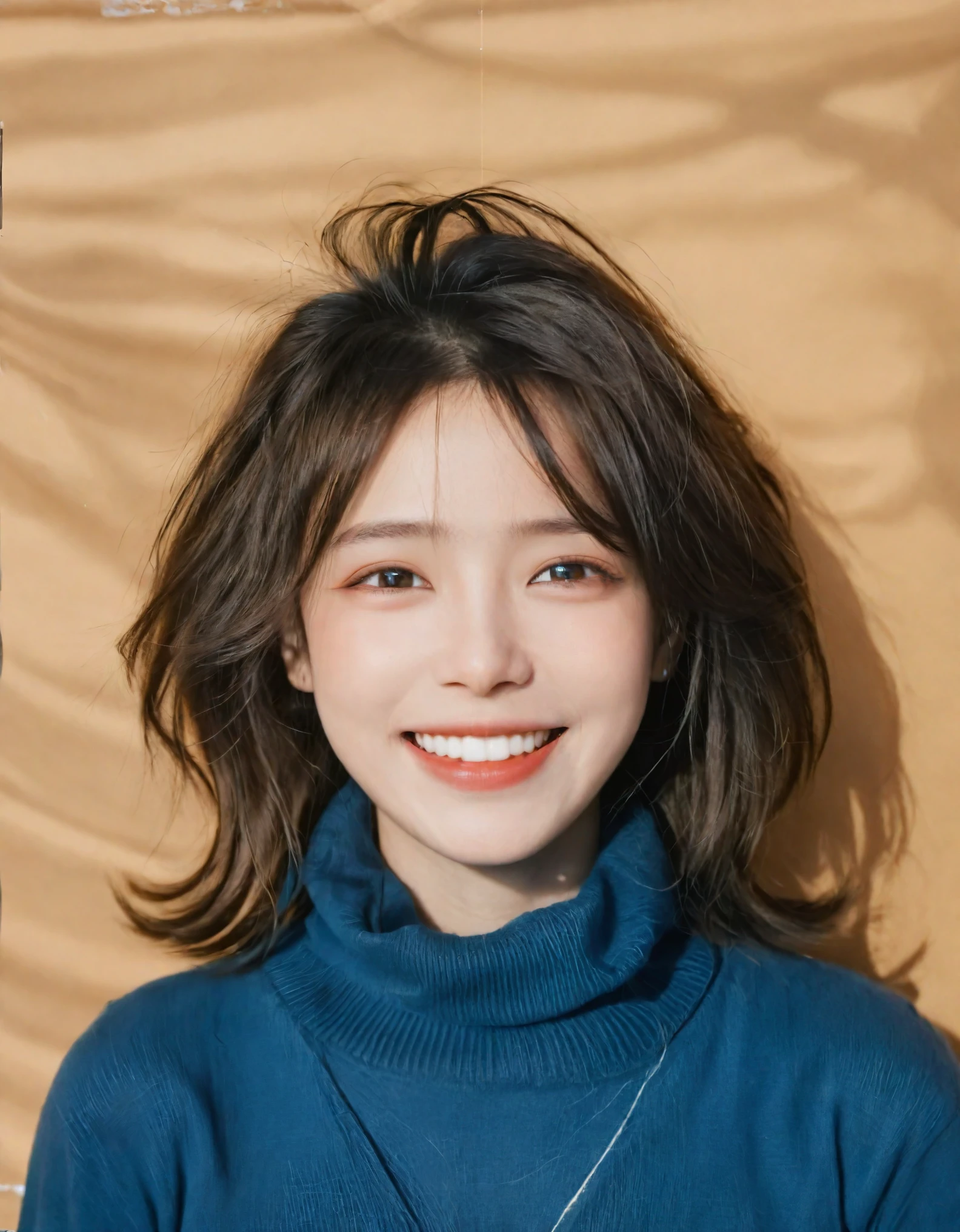 The image depicts a joyful young girl in mid-motion, her hair wildly tousled by her movements. Her eyes are squinted in a gleeful expression, exuding energy and vitality. She is wearing a solid-colored turtleneck, set against a neutral, warm brown backdrop. Dynamic lighting accentuates her facial features, with a sharp focus on the subject and a freeze-frame effect that captures the spontaneity and vibrancy of youth. Soft shadows add depth to the scene, and the expertly balanced contrast highlights the details. This image embodies youthful carefreeness and delight.