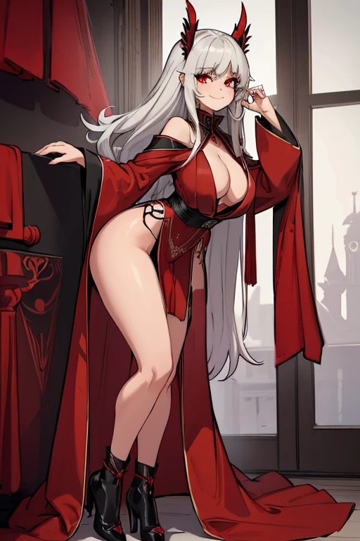 female, silver long hair with black highlights, red eyes, (((1girl))), (((red robe with black trim))), (black long sleeve shirt), (red long skirt), (black stockings), (red heels), (black panties), cute and sexy, full body, large breasts, large butt, long legs, smiling