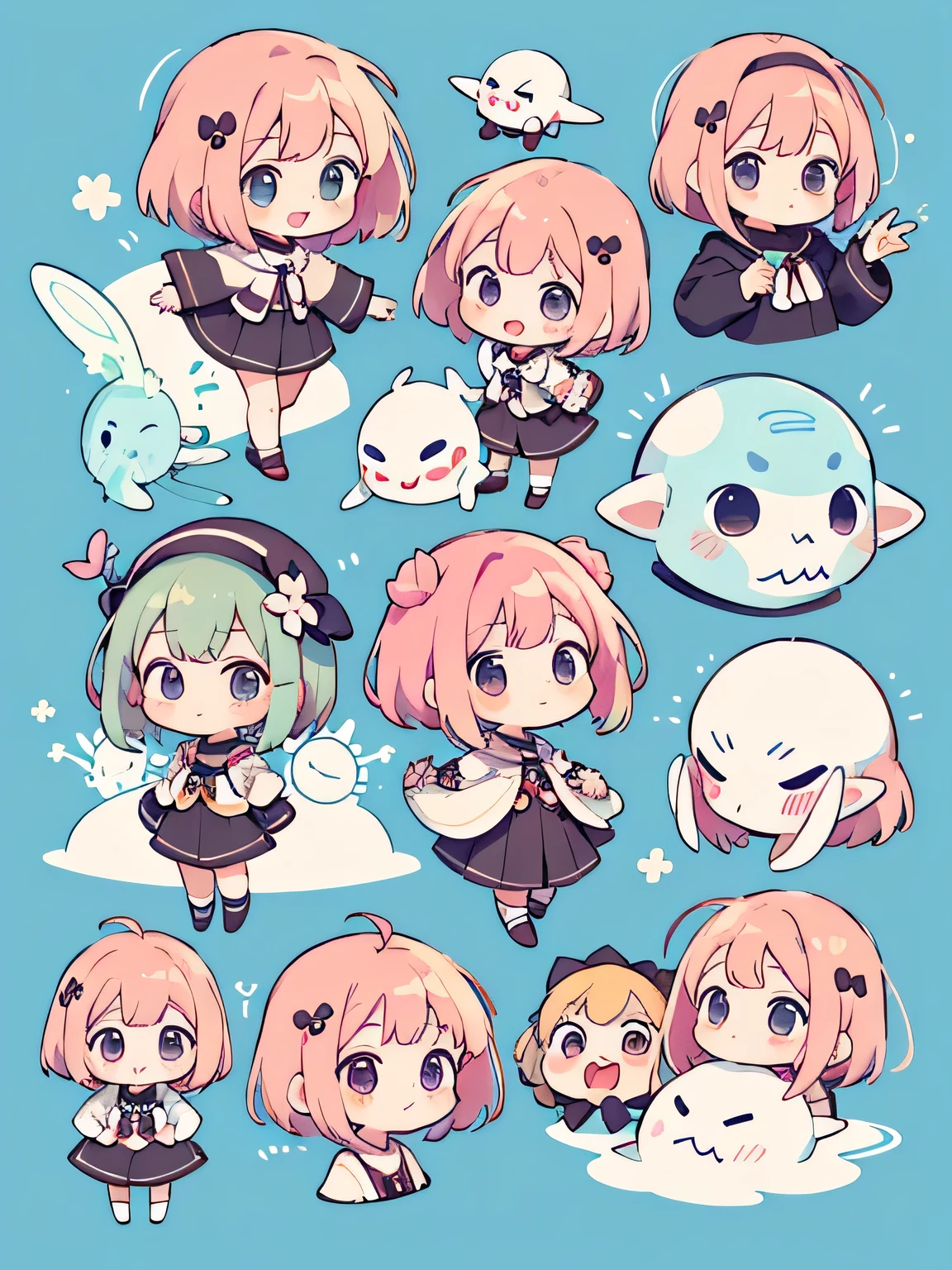 Momoko Sakura style, Kawaii Design, (((many people)))、Very cute alien、Chibi, Colorful bob hair、((Lots of friends))、(((alien)))、