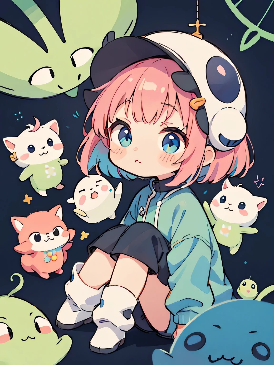 Momoko Sakura style, Kawaii Design, (((many people)))、Very cute alien、Chibi, Colorful bob hair、((Lots of friends))、(((alien)))、