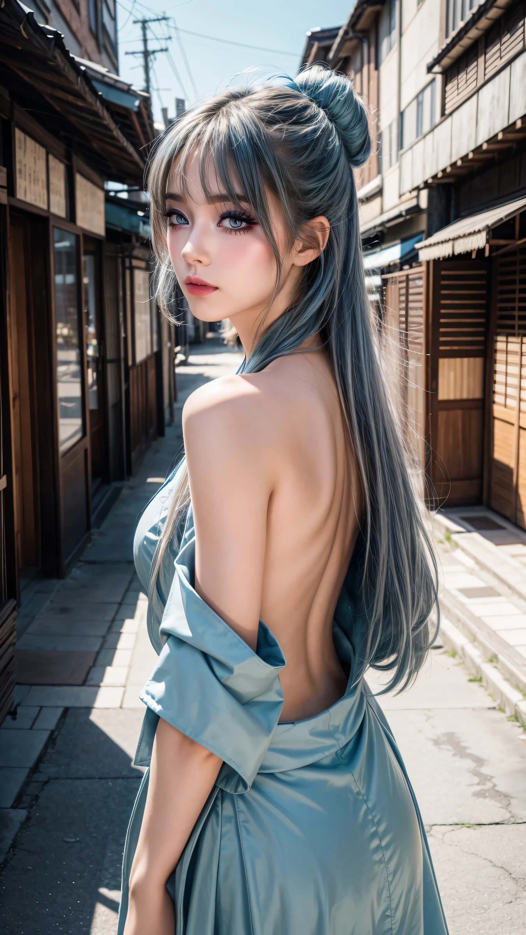 Anime high school girl, Wear sexy kimono, Short Kimono, bare arm, Bare back, Bare shoulders, walk, Long hair, light blue hair, Look at the audience, blue eyes