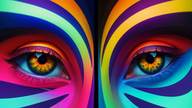 Two stunning digital eyes with vibrant, undulating colors, geometric patterns and harmony.