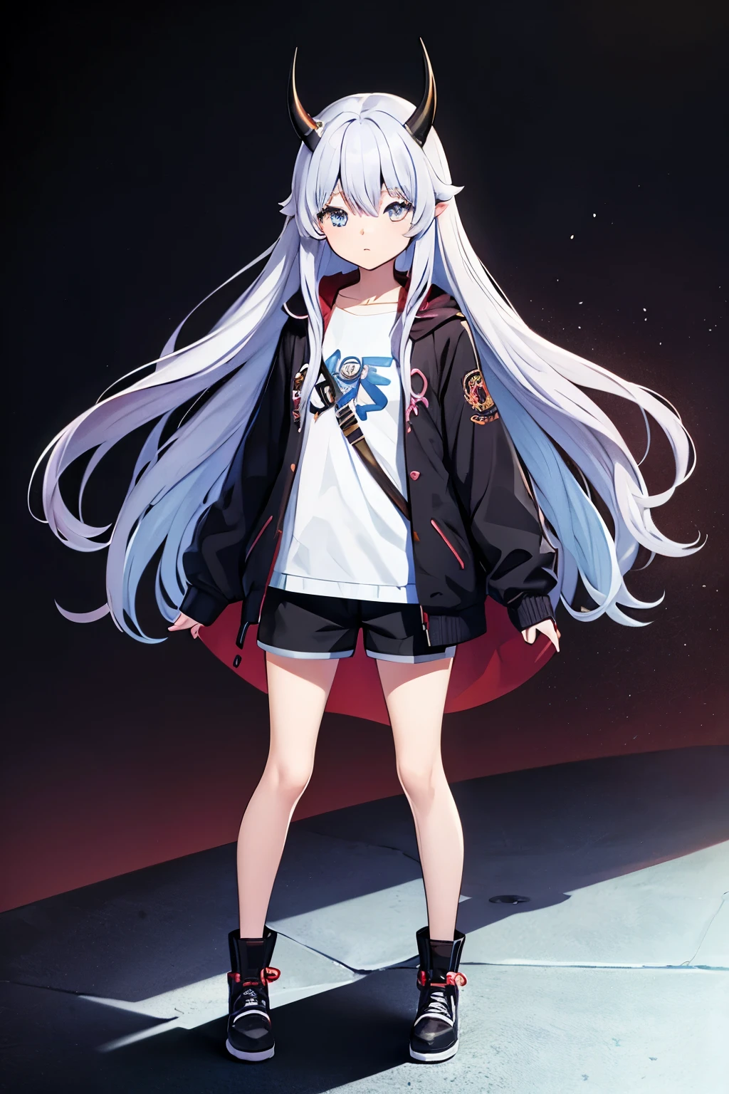 A cartoon drawing of a girl with horns and long hair, best anime character design, Modelo de cuerpo completo Anime Vtuber, Personaje de anime, Full body anime illustration, anime character design, como personaje de anime, Personaje de estilo anime, character adoptable
Este personaje de anime es una adolescente con cuernos de 2 y 13,2 centimeters high and 1,28 centimeters thick. Its horns are located on the upper left side of its head and show traces of its former life as a Hollow helmet..
Tiene el pelo gris y negro, corto. Her breasts are small, con una altura de 2 y 1,5 centimeters high and a thickness of 1,10 centimeters. He is in shorts and (sudadera con capucha).