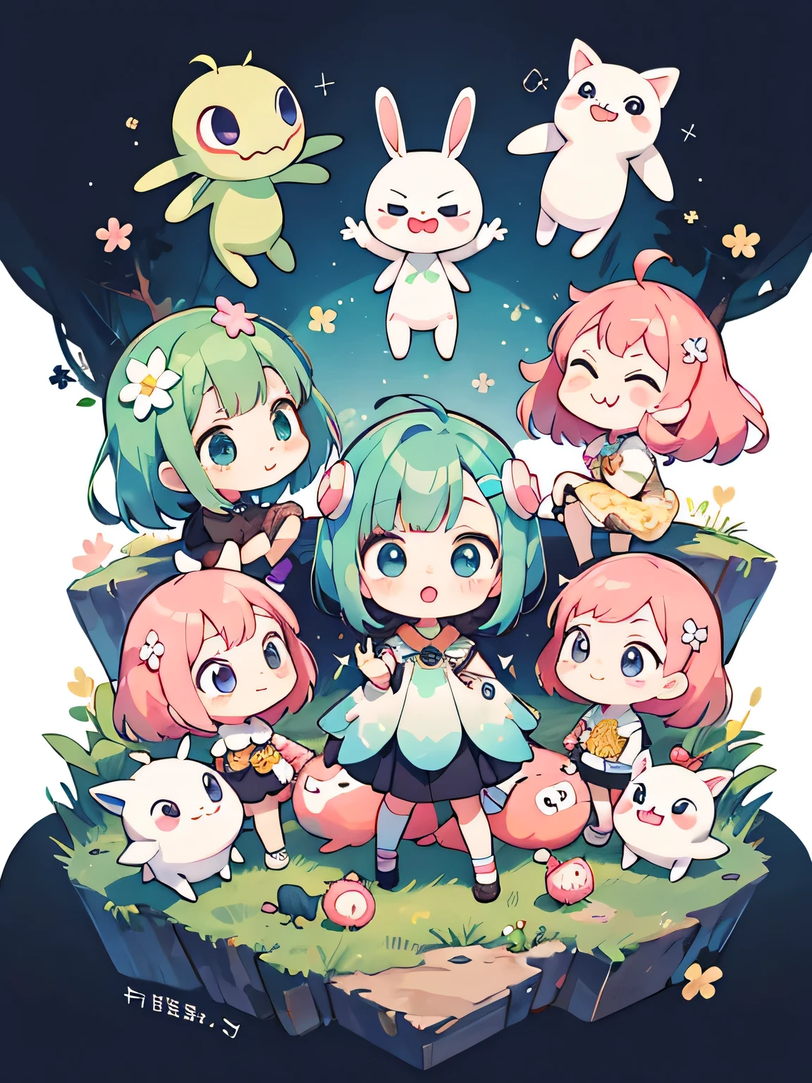 Momoko Sakura style, Kawaii Design, (((many people)))、Very cute alien、Chibi, Colorful bob hair、((Lots of friends))、(((alien)))、