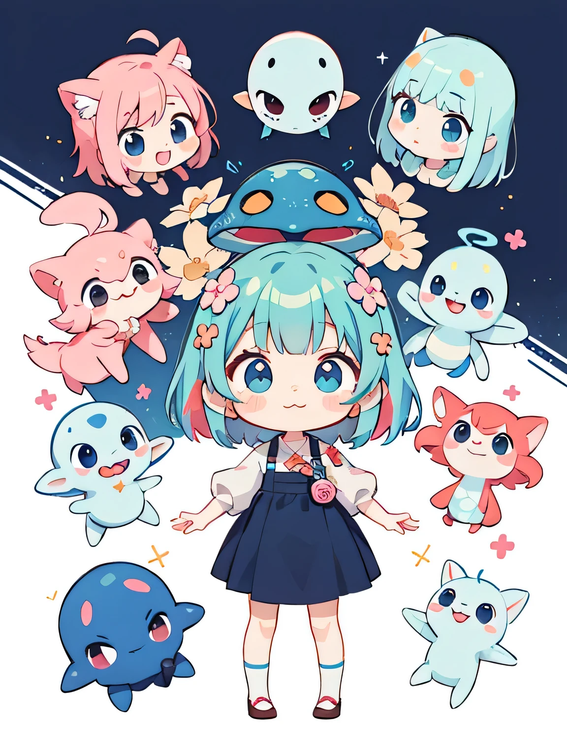 Momoko Sakura style, Kawaii Design, (((many people)))、Very cute alien、Chibi, Colorful bob hair、((Lots of friends))、(((alien)))、