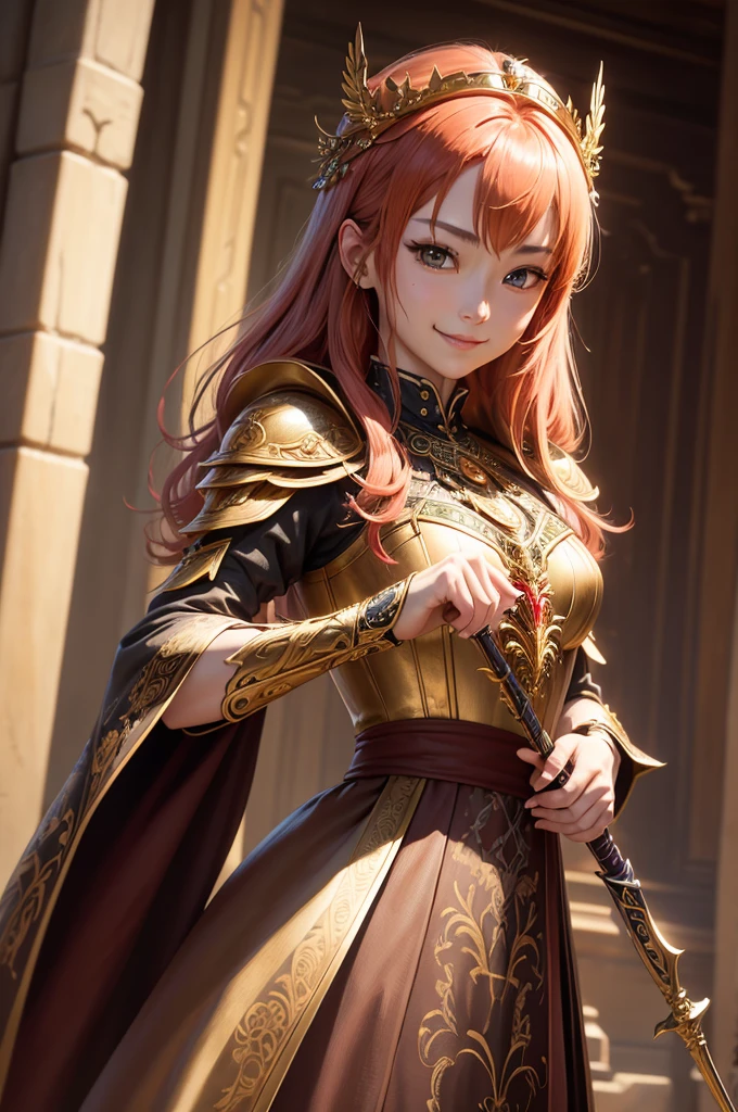A queen、realisitic、4K、8K, Photo quality、Flying in the sky、photogenic、Red Crow Cyborg、Have a golden sword、Metal Crow、Metal Crow、1 p、Looking at me kindly、(intricate-detail)、nffsw、(intricate-detail、ultra-detailliert:1.2)、Cinematic shots、full body Esbian、Hair is gold、Holding a golden sword、Smiling、