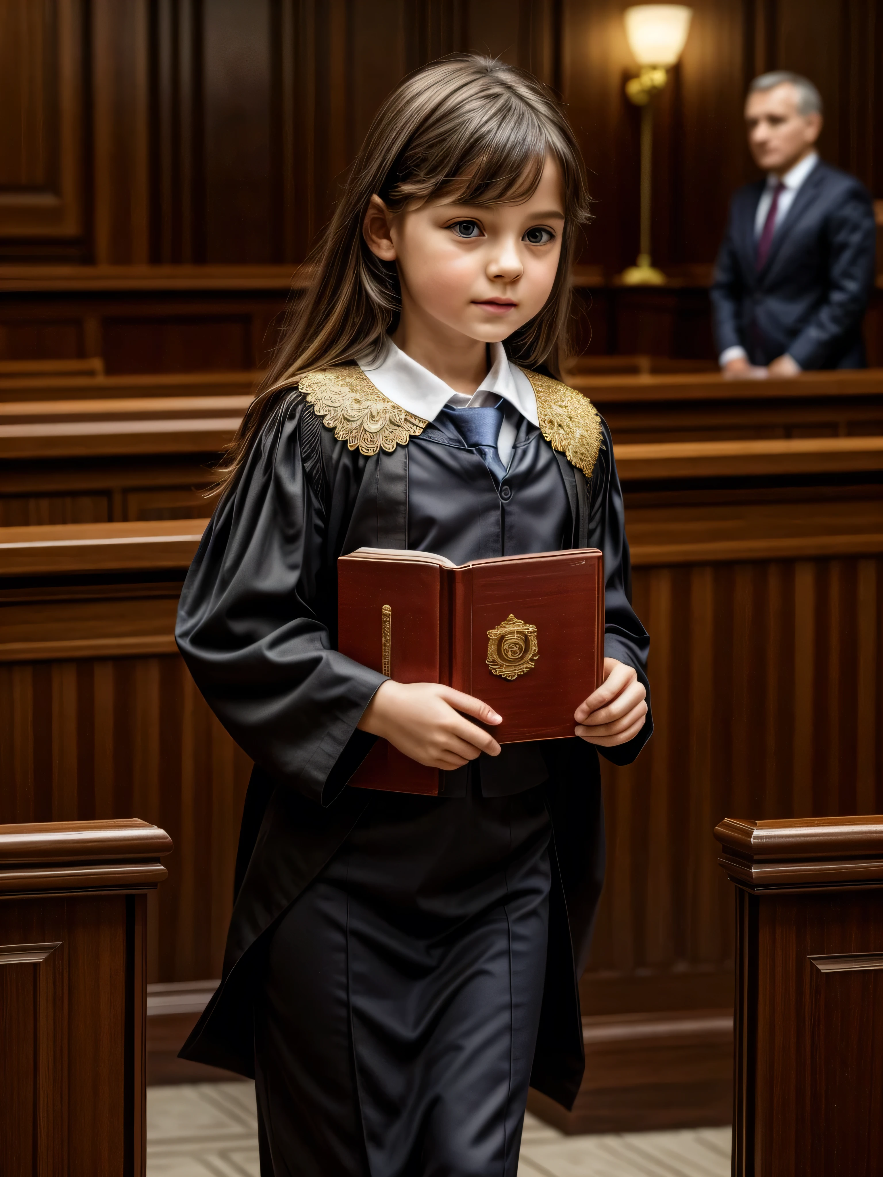 Ultra Realistic, masterpiece, high definition, highly detailed, 8K, a cute Ukrainian girl , a 8 girl, highly detailed face, highly detailed body, holding law book, wearing lawyer outfits, lawyer gown, resembling a lawyer, she seems determined, looking at the viewer , she's walking in the courtroom, full body view, proper courtroom in the background, law books, judge panel ,court, perfect background.