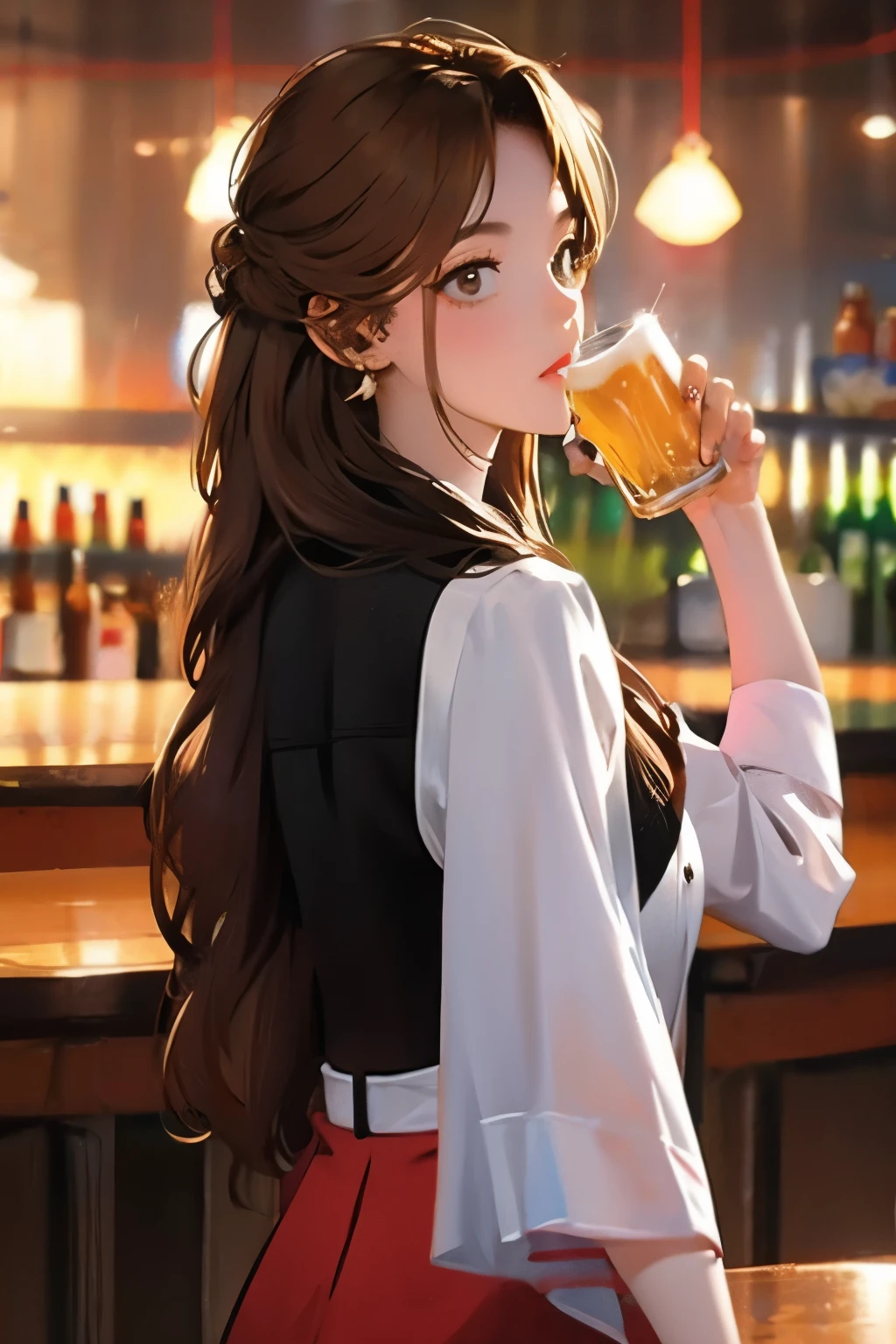 Bar girl drinking beer