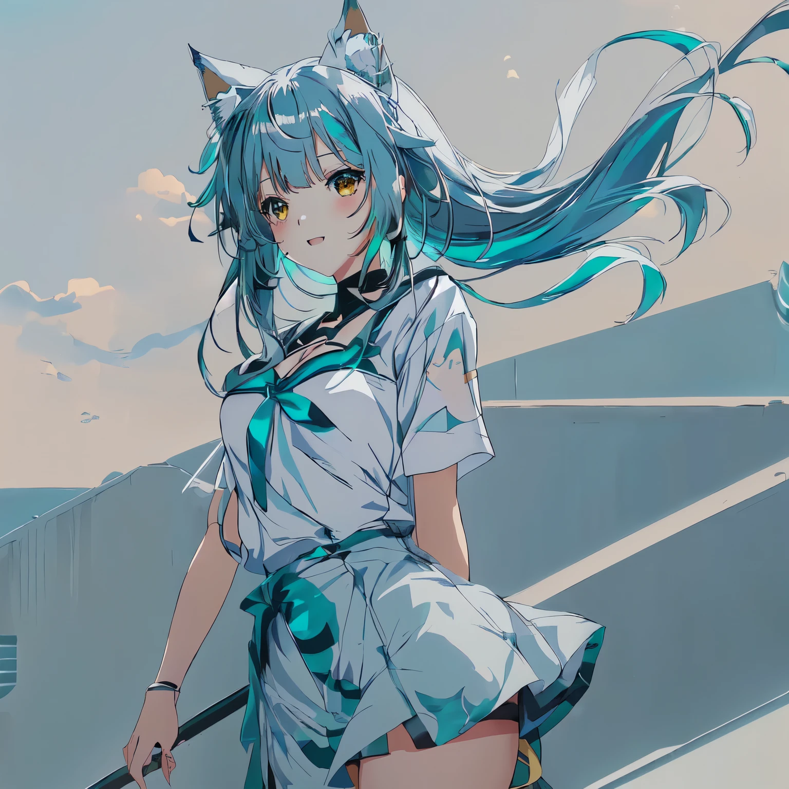 happy anime girl with gray hair and brown eyes and a white top, beautiful anime catgirl, very beautiful anime cat girl, cute anime catgirl, anime catgirl, anime girl with cat ears, anime girl with teal hair, anime moe artstyle, anime artstyle, anime cat, anime style 4 k, anime style. 8k