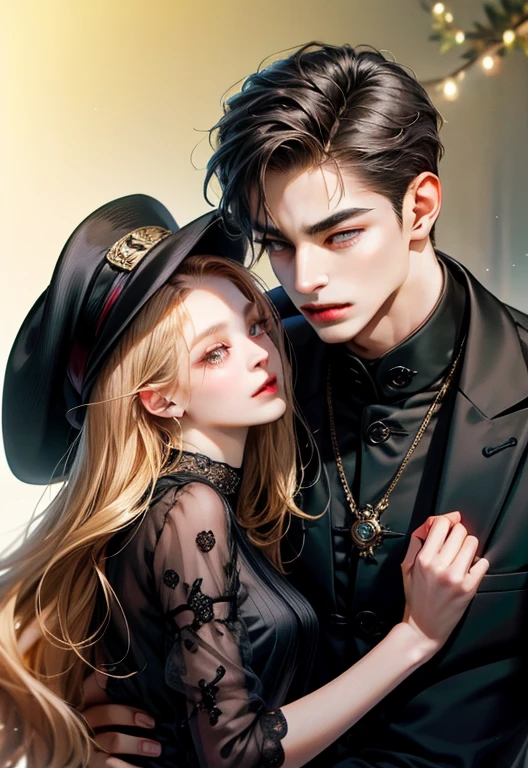masterpiece, top-quality, 2Others, Male and female couples, 1 man and 1 woman,, Adults, Height difference, different fashion, different color, finely eye and detailed face, intricate detailes, Chillclothing, Oversized T-shirt, Black T-shirt, Modern streets, Hands on back, A smile, Happiness, tenderness, high-level image quality、 beautiful male、tall、hug from behind、Trying to kiss、nighttime scene、𝓡𝓸𝓶𝓪𝓷𝓽𝓲𝓬、Korean Male, Idol Photos, k pop, Professional Photos, Vampires, Korean fashion in black and white, Man with a necklace, Man with Baseball hat, Man black baseballhat, Man with blackmask, Man with Black mask, nspired by Sim Sa-jeong, androgynous vampire, :9 detailed face: 8, extra detailed face, detailed punk hair, ((asa)) baggy eyes, Seductive. Highly detailed, semi realistic anime, Vampires, hyperrealistic teen, delicate androgynous prince, imvu, short hair above the ears, Man with short hair, Woman with pink wavy long hair, A man with a glaring expression and a woman with a gentle expression, With a short-haired man with bright ash brown hair, Woman with pretty long wavy pink hair, Woman with Big tits 、Woman very big tities、Sexy woman.