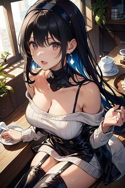 (from above:1.2),(from side:0.9),(Close-Up:0.4), masterpiece, yor, 1girl, Amazing Cleavage:1.3, thin waist, big ass, Raised sexy, medium breast: 1.3 posed cleavage:1.2、solo, looking at viewer, open mouth, have a cup of coffee,black hair, red eyes, dress, bare shoulders, jewelry, collarbone, sidelocks, hairband, earrings, indoors, off shoulder, :o, sweater, arms behind back, plant, short hair with long locks, white hairband, off-shoulder dress, sweater dress, off-shoulder sweater, red sweater, big side hair, very long side hair,is rendered in (masterpiece: 1.2, best quality), with (ultra high resolution) and an exquisite (depth of field). This masterpiece is not only visually stunning but also tells, make of cooking some cakes ,in the kitchen,open mouth smile((leather thigh high boots))(garter belt),((black hair)),blush、surprised face,