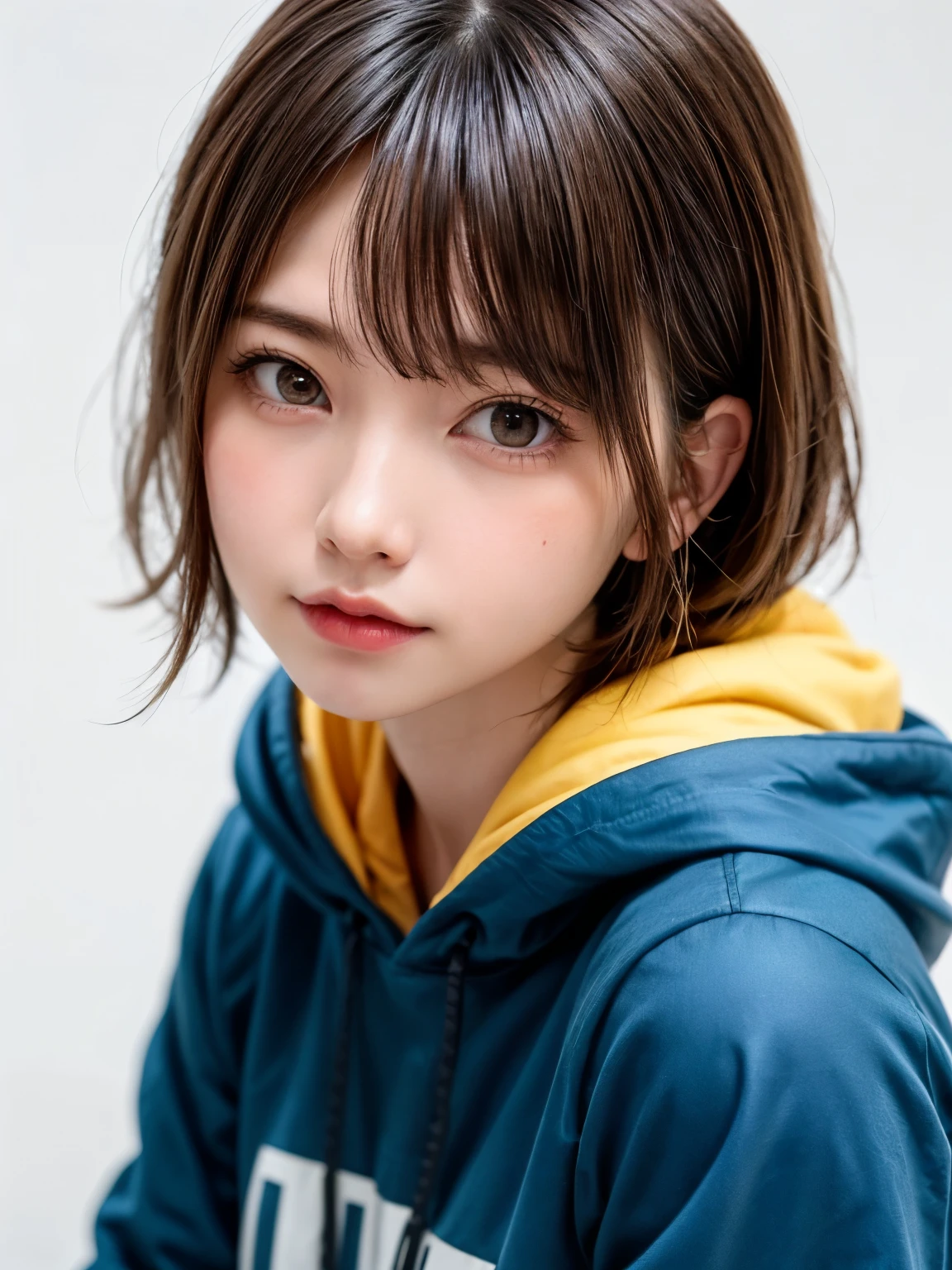 1 girl, alone, alone focus, Cowboy Shot, Portraiture, Oversized hoodie, Aqua green and white hoodie, Half watercolor, Half Green, ((Brown Hair)), (Yellow Hair), (Gradient Hair :1.5), Curly Hair, ((Pink Eyes)), Very detailedな目, Sunburn, (Dark caramel skin:1.1), highest quality, Very detailed, White Background, Simple Background
