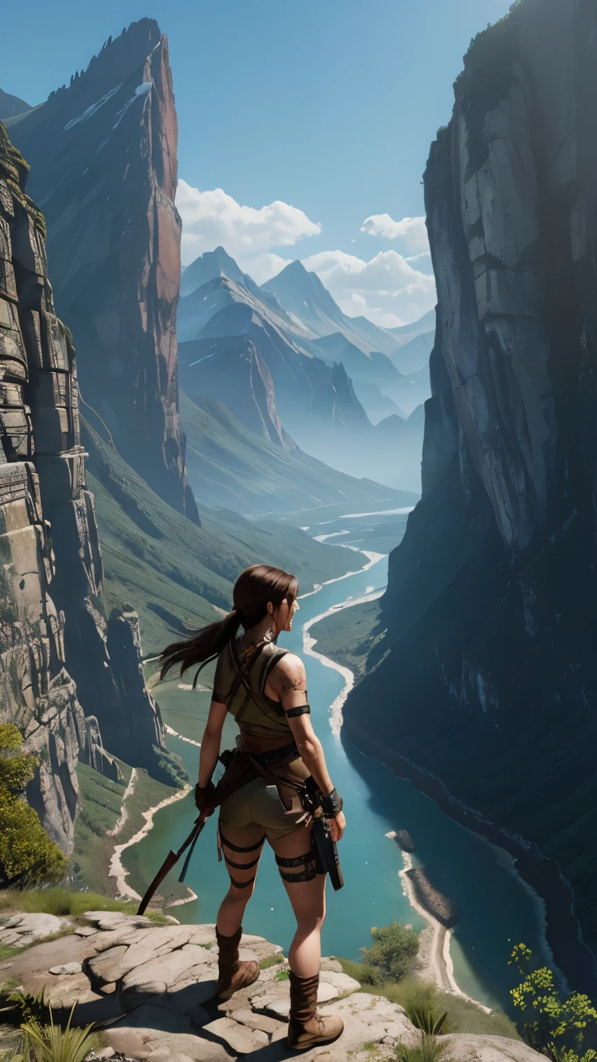 best quality, super fine, 8k, game, tomb raider, lara croft, costume, equipment, cliff, mountain path, valley floor, river