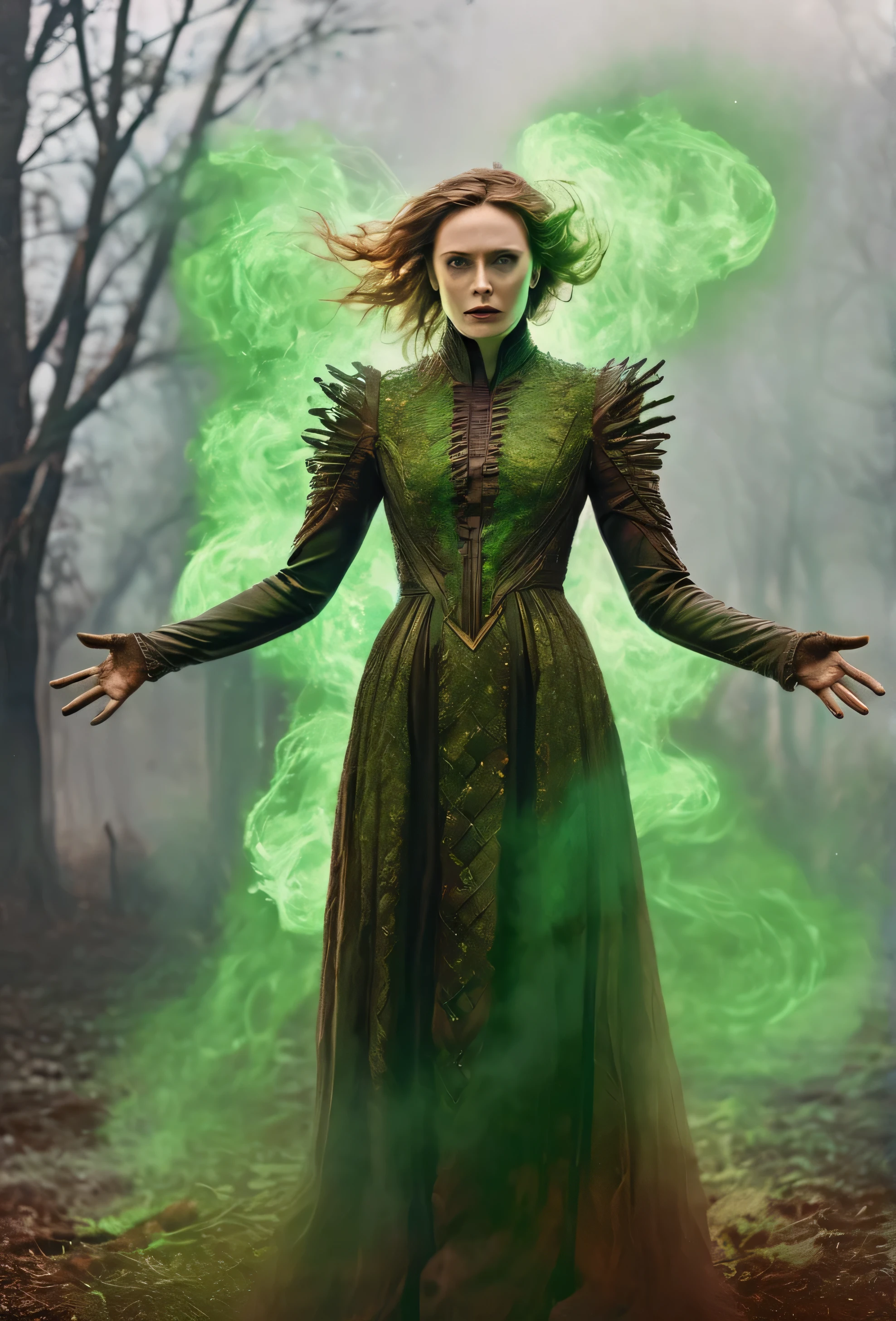 highly detailed fantasy head and shoulder portrait of (ohwx woman),powerful witch,levitating above the ground,emitting a semitransparent red energy from whole body,wearing a green and brown dress,both hands conjuring fire pointed towards viewer,looking at viewer,hyperdetailed photography,4k textures,symmetrical face,evil smile,detailed skin,perfect skin,perfect eyes,perfect teeth,super high resolution photo,8k resolution,