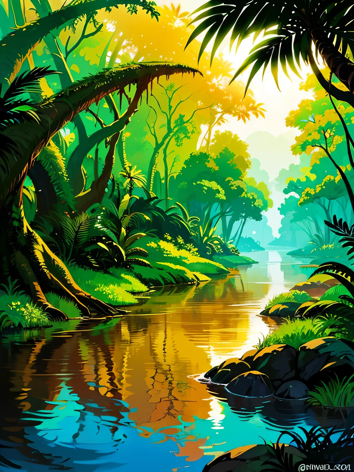 There are no people ,beautiful lighting in the evening,((Nobody is here)),((There are no artifacts
,Nature)),((The dense and rugged Wide Amazon River,Tropical rainforest)),There is no road,No buildings、Nature,High quality,Detailed