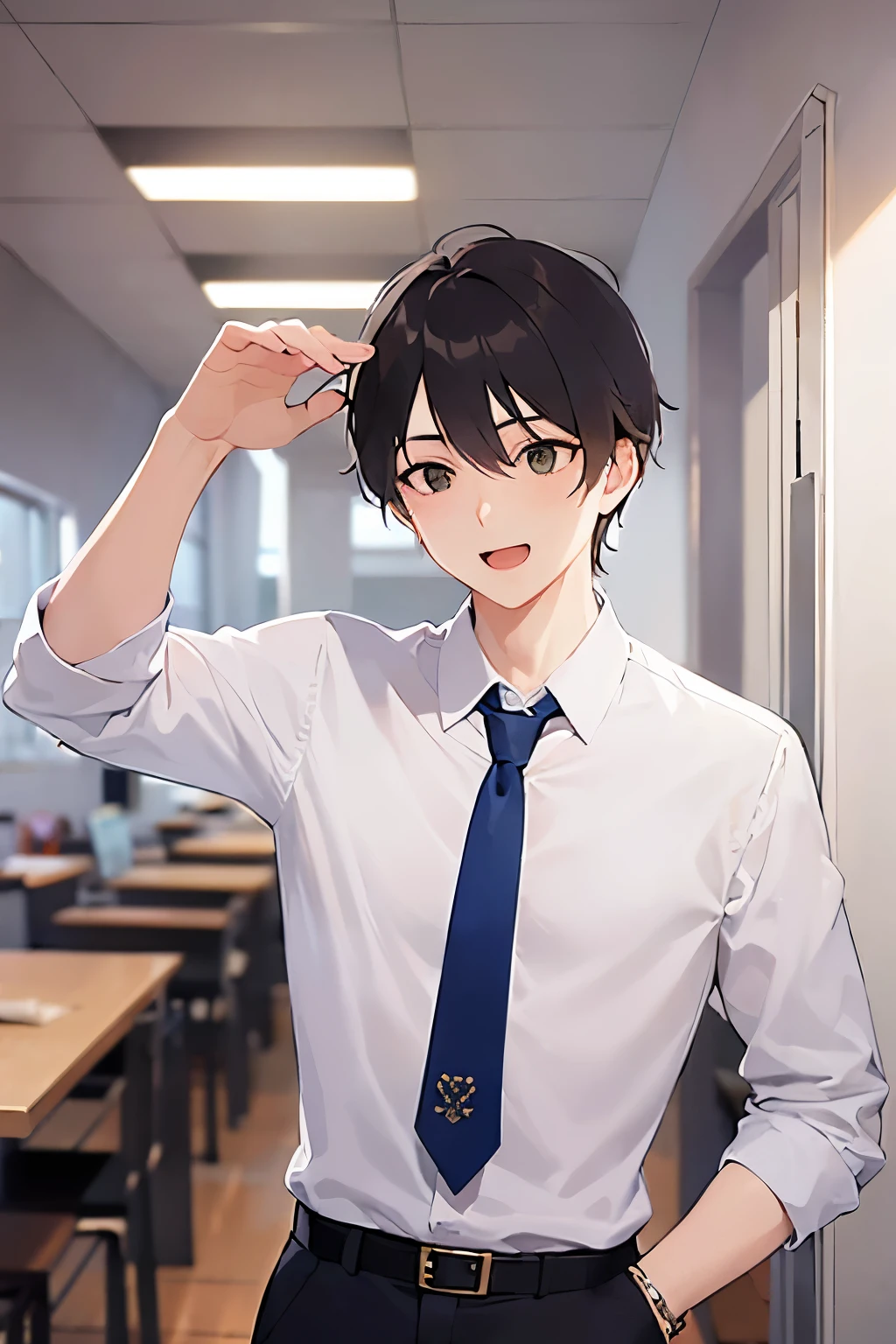 (looking away:1.5)、masterpiece、highest quality、(25-year-old male:1.5) and (Brown short hair) and (Green Eyes), (Wearing a suit:1.3) and (White shirt) and (Blue tie)、Are standing、smile、open mouth, The background is the office、(Alone:1.5)、Upper body is shown、