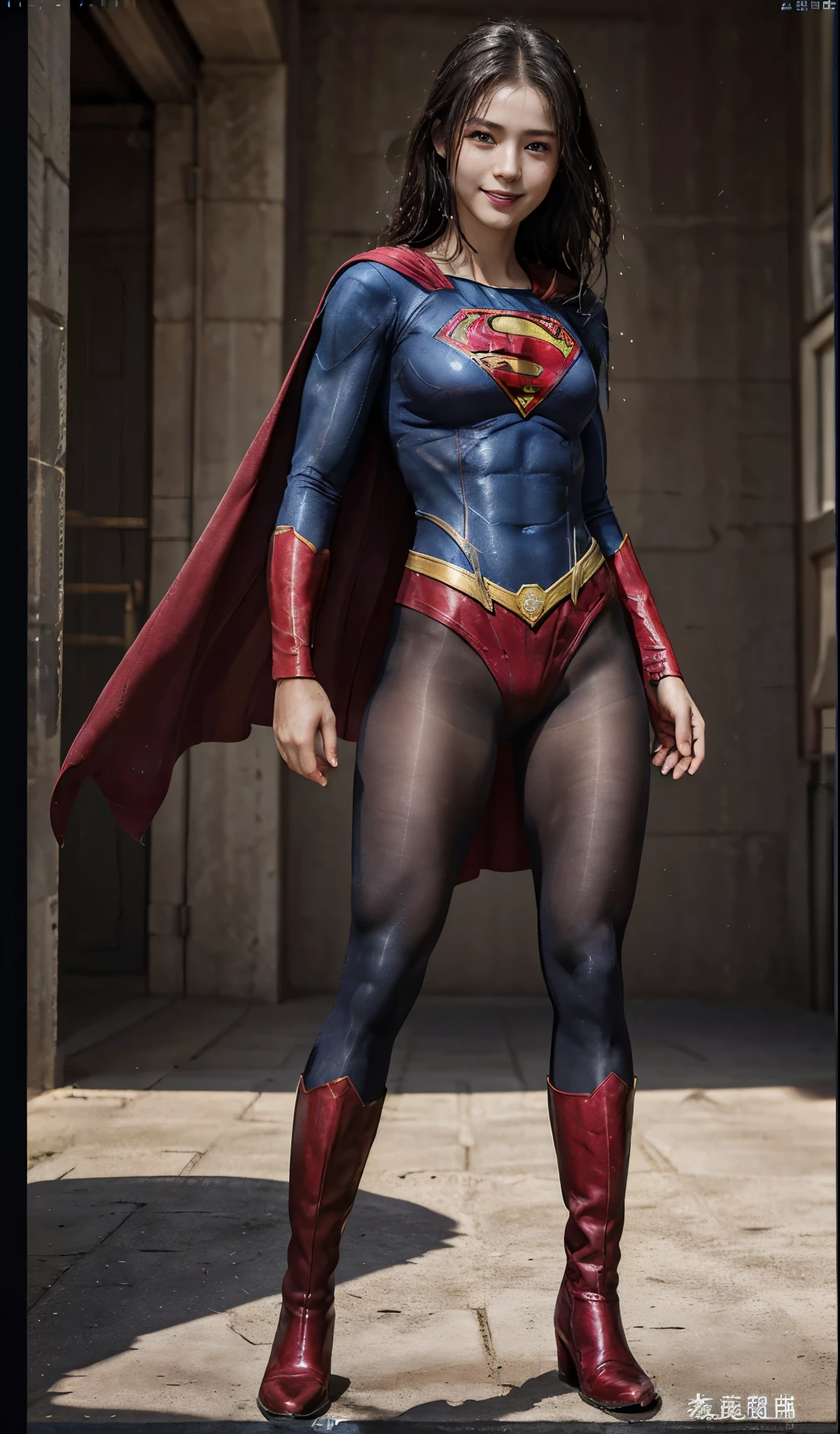 No background、(((Beautiful legs in black tights.)))、(((Legally express the beauty of your smile)))、((((Make the most of your original images)))、(((Supergirl Costume)))、(((Beautiful Hair)))、(((suffering)))、(((Please wear black tights....、Wear red boots)))、((Best image quality、8K))、((highest quality、8K、masterpiece:1.3))、(((Preserve background )))、Sharp focus:1.2、Beautiful woman with perfect figure:1.4、Thin abdominal muscles:1.2、Wet body:1.5、Highly detailed face and skin texture、8K
