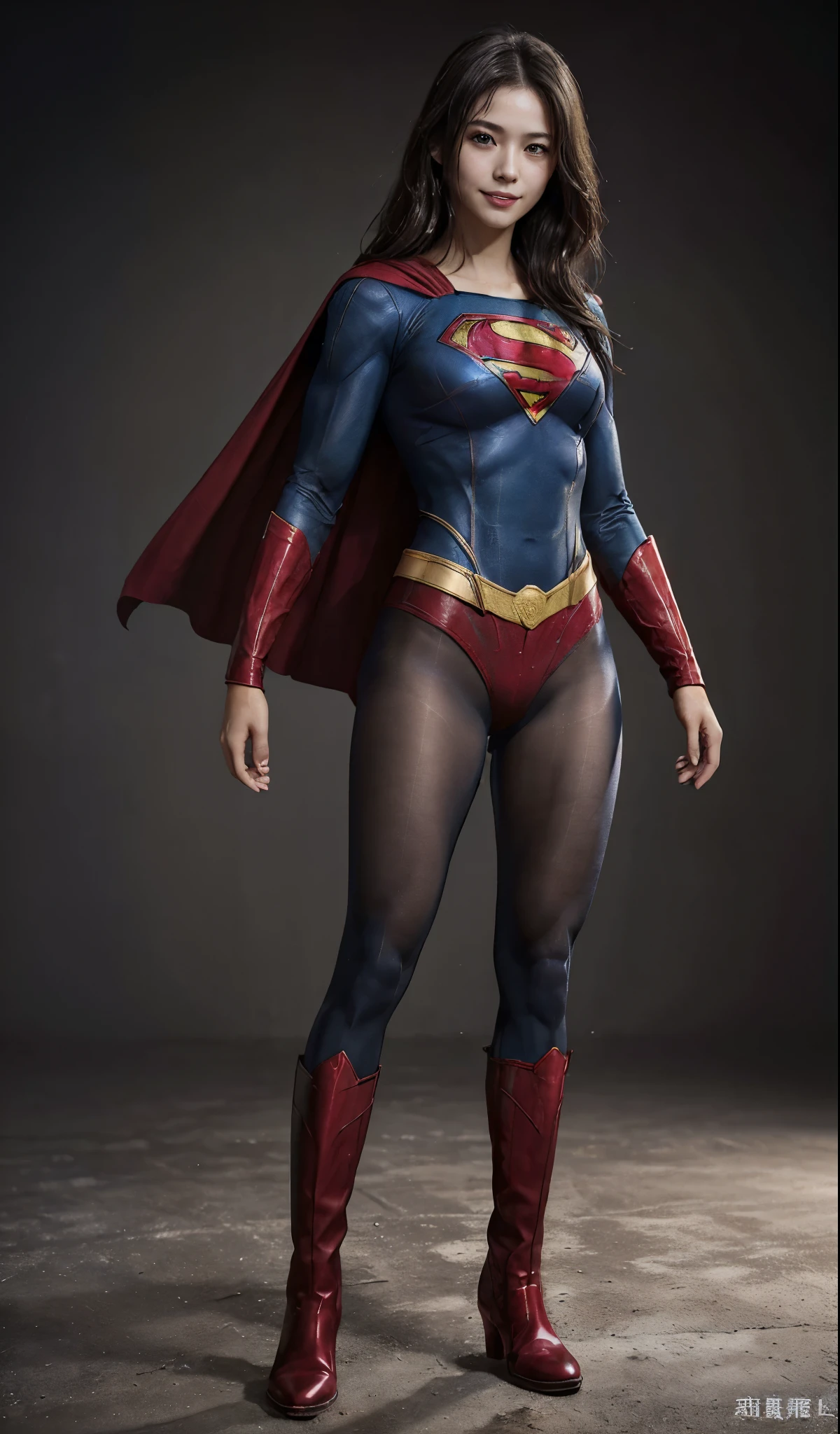 No background、(((Beautiful legs in black tights.)))、(((Legally express the beauty of your smile)))、((((Make the most of your original images)))、(((Supergirl Costume)))、(((Beautiful Hair)))、(((suffering)))、(((Please wear black tights....、Wear red boots)))、((Best image quality、8K))、((highest quality、8K、masterpiece:1.3))、(((Preserve background )))、Sharp focus:1.2、Beautiful woman with perfect figure:1.4、Thin abdominal muscles:1.2、Wet body:1.5、Highly detailed face and skin texture、8K