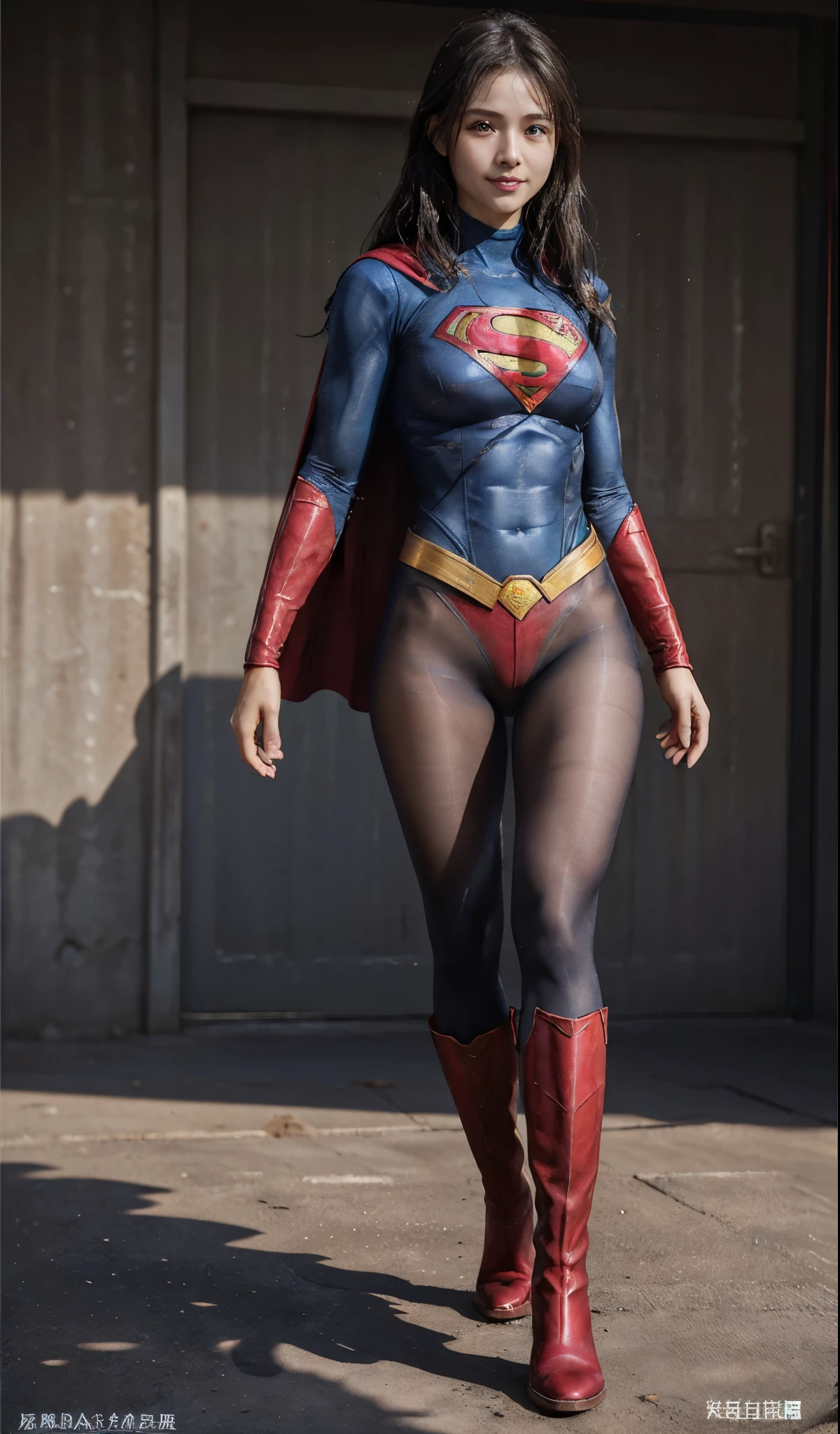 No background、(((Beautiful legs in black tights.)))、(((Legally express the beauty of your smile)))、((((Make the most of your original images)))、(((Supergirl Costume)))、(((Beautiful Hair)))、(((suffering)))、(((Please wear black tights....、Wear red boots)))、((Best image quality、8K))、((highest quality、8K、masterpiece:1.3))、(((Preserve background )))、Sharp focus:1.2、Beautiful woman with perfect figure:1.4、Thin abdominal muscles:1.2、Wet body:1.5、Highly detailed face and skin texture、8K