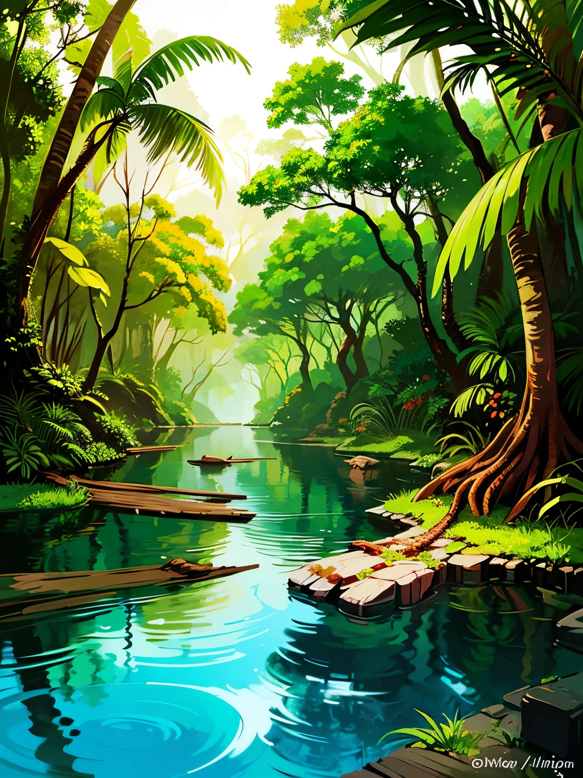 There are no people ,beautiful lighting in the evening,((Nobody is here)),((There are no artifacts
,Nature)),((The dense and rugged Big Amazon River,Tropical rainforest)),There is no road,No buildings、Nature,High quality,Detailed