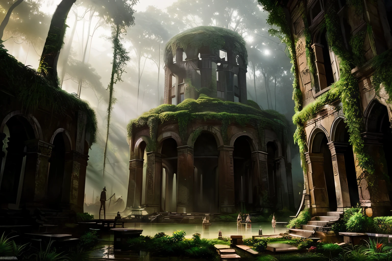 ultra-detailed visually rich digital art of the ruins of a lost ancient city deep inside the rainforest , rule of thirds, artstation