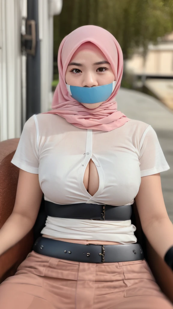 (absurdres, 8k, 4k, masterpiece, realistic, hyper extreme detailed:1.2), solo, 1girl, front view, perfect face, 1girl, portrait, looking at viewer, Female, Mature Female, hijab, malay girl, full body, detailed eyes, expressive eyes, big chest, moving clothes, short sleeve white collar shirt, sitting, tape, gagged, bondage, restrained,